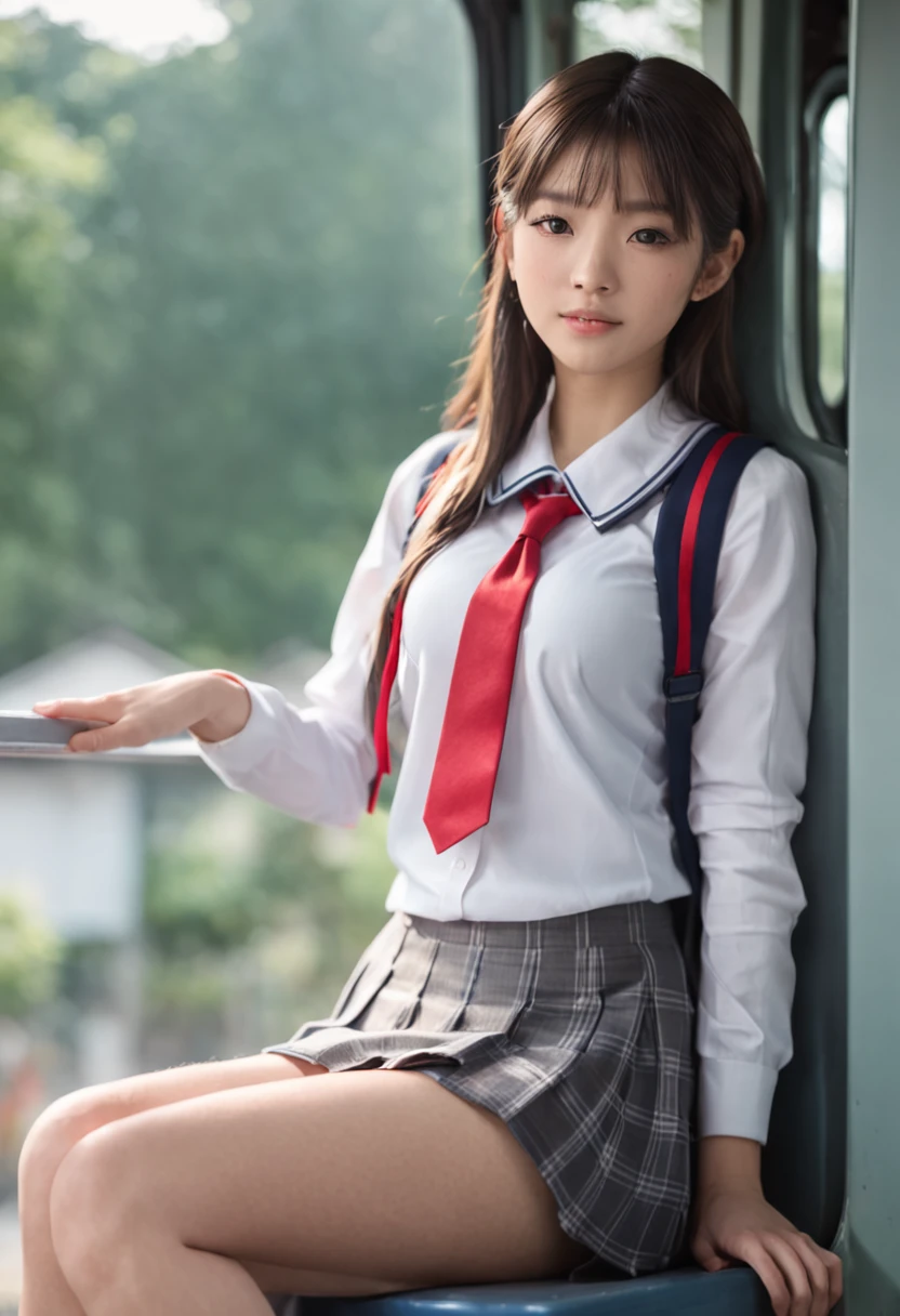 Low angle shot,arafed asian woman in a short skirt and bow tie sitting on a train, cute schoolgirl, japanese girl school uniform, wearing japanese school uniform, japanese school uniform, a hyperrealistic schoolgirl, dressed as schoolgirl, hyperrealistic schoolgirl, wearing school uniform, realistic schoolgirl, girl wearing uniform, wearing a school uniform, of a schoolgirl posing, full body, nice skin, glowing skin, nice thighs,glowing thigh, glowing legs