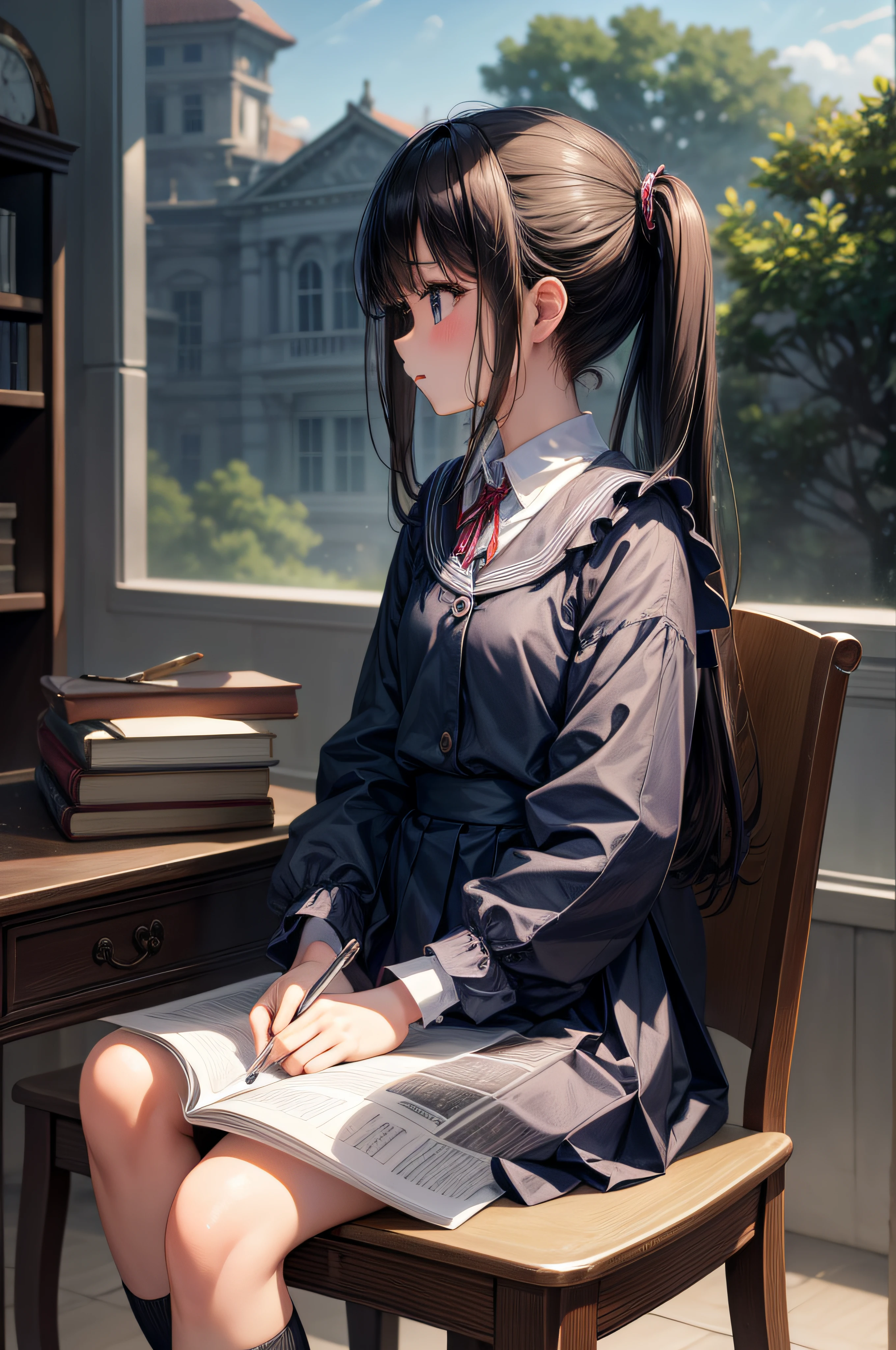 masterpiece、top-quality、A very detailed masterpiece、top-quality、hight resolution、Girl sitting on chair and studying at desk、a beauty girl、hi-school girl、soio、profile、Hair swaying in the wind、Classroom、drapes、pupils、校服、sketching、study、notebook、cute little、