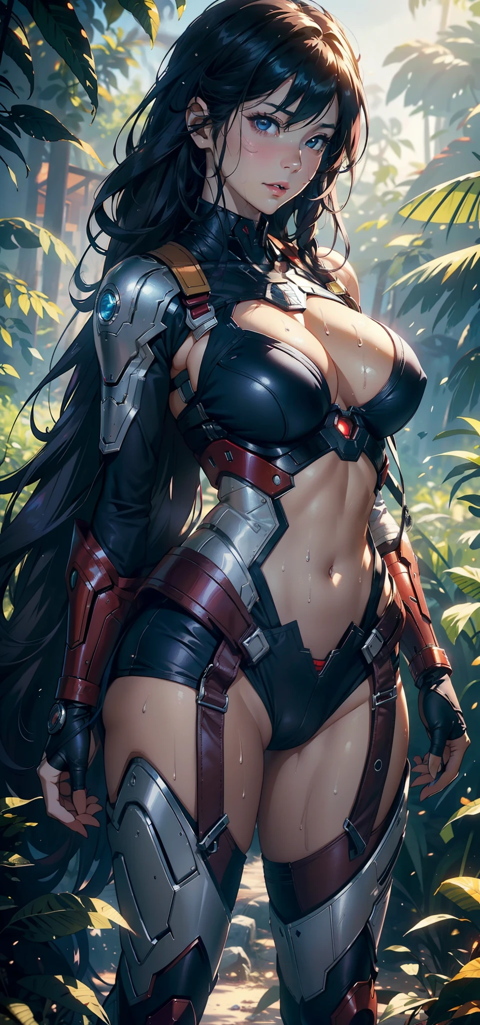 1female,25 age old,Large breasts,long leges,Big breasts Thin waist,Pornographic exposure, 独奏,(Background with:ln the forest,the rainforest,in summer) She has long purple hair,standing on your feet,Sweat profusely,drenched all over the body,seen from the front, curlies, mostly cloudy sky,(((tmasterpiece),(Very detailed CG unity 8K wallpaper),best qualtiy,cinmatic lighting,detailed back ground,beatiful detailed eyes,Bright pupils,(Very fine and beautiful),(Beautiful and detailed eye description),ultra - detailed,tmasterpiece,)),facing at camera,A high resolution,ultra - detailed),revealing breasts,Bare genitalia, Bulge,Camel toes,Raised sexy,Flushed complexion,Open-mouthed,frontage,captain america(Wearing:Iron Man uniform,shairband)nakeness,cyber punk style