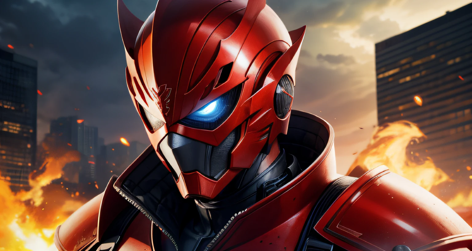 There was a man in red armor,There is a fire burning around,The environment is urban ruins,Close-up of the head,Kamen Rider style,high high quality,High picture quality,A high resolution,Hyper-realistic