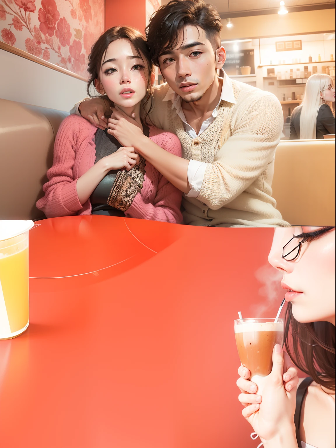 Realistic face and cafe background and neck couple