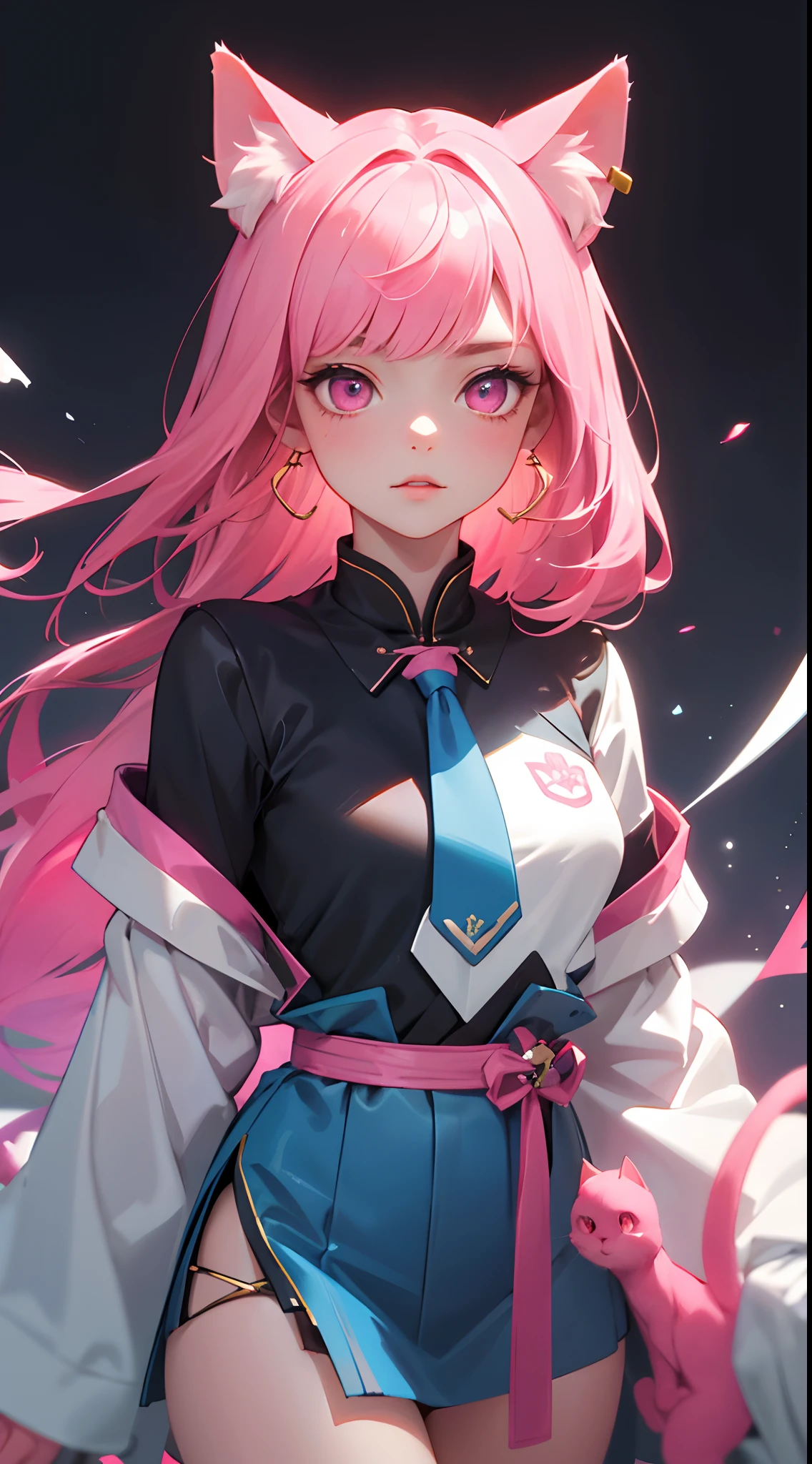 Beautiful woman，Delicate facial features，Long pink hair，Pink cat ears，Pink eyes，校服，a blue tie，Golden-pink earrings ，One guy，Blue Campus，k hd，high detal，high qulity，Good atmosphere，delicated，cg render，detail render，（Delicate facial portrayal）（Fine hair portrayal）（highest  quality）（Master masterpieces）（High degree of completion）（a sense of atmosphere）