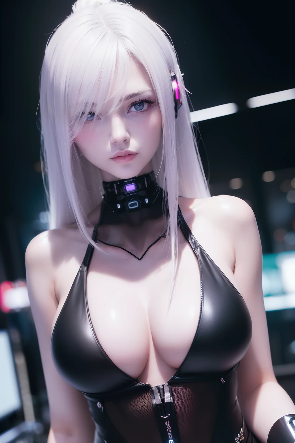 ((Best quality, 8k, Masterpiece :1.3)), Sharp focus :1.2, Perfect body beauty: 1.4, full body view, Slim abs: 1.4 ((cyberpunk, Big breasts: 1.3)), (neon light, city: 1.1 ), highly detailed facial and skin textures, detailed eyes, double eyelids, (((Dynamic Angle)))