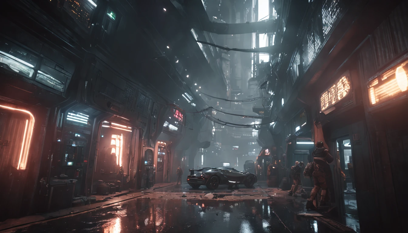 a concept art of a futuristic sci fi bladerunner city, beautiful realistic atmosphere, environment, people, detailed, realistic, concept art, unreal engine 5, structure, sci-fi, urban, ray tracing, CGI, perfect visuals, lighting, smooth, movie, screen-space reflections, ambient occlusion, scenes, aesthetics, bloom, shadows, perfectly drawn, building textures, cinematic, sharp edges, hdr effect, 3d building models, blender 3d, asset library, Computer graphics software, artstation, realism, stores, business, busy