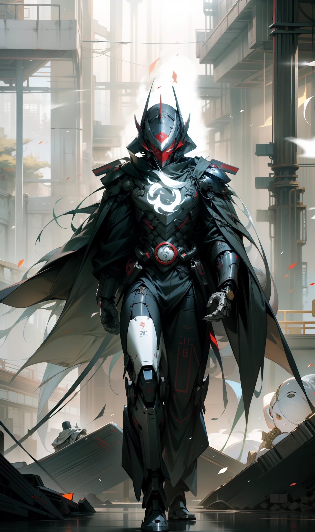 Red mask,The helmet of an ancient Chinese general,male people,Strong males,Huge shoulder armor,Tall mech,Silver-white body,The white,Use the plasma sword,There is a dragon particle effect,Yin and Yang gossip,Formation,mechanical sense,sense of strength,Sense of space,combats,cyber punk perssonage,Human body modification,Structurally sound,Battle instant,high-quality face,4K,High quality,Masterpieces
