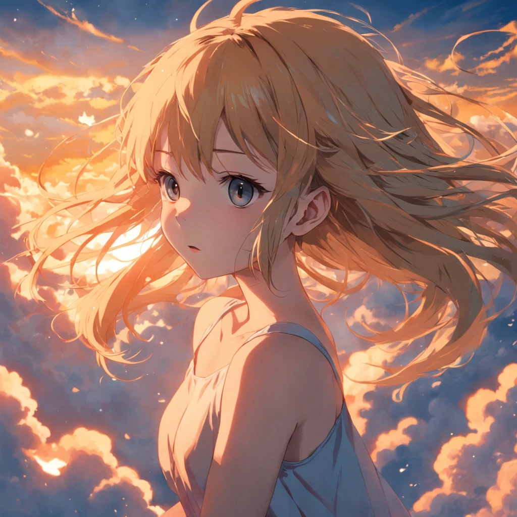 tmasterpiece,best qualtiy,cinematic Film still from,1girl,Cloud Girl,Floating in the sky,closeup cleavage,brightly,cheerfulness,Warm and soft lighting,the sunset,(spark of light:0.7)(Plant grass)(Dry winter grass swaying in the wind, A gust of wind dispersed: 2.9) (Golden-brown blades of grass dance in the cold wind: 2.8) (Wisps of withered grass fluttered and scattered: 2.7) (The whispers of the wind as it cuts through the fragile grass: 2.8) (Momentary beauty,Because the grass breaks down with a gentle touch: 2.9)
