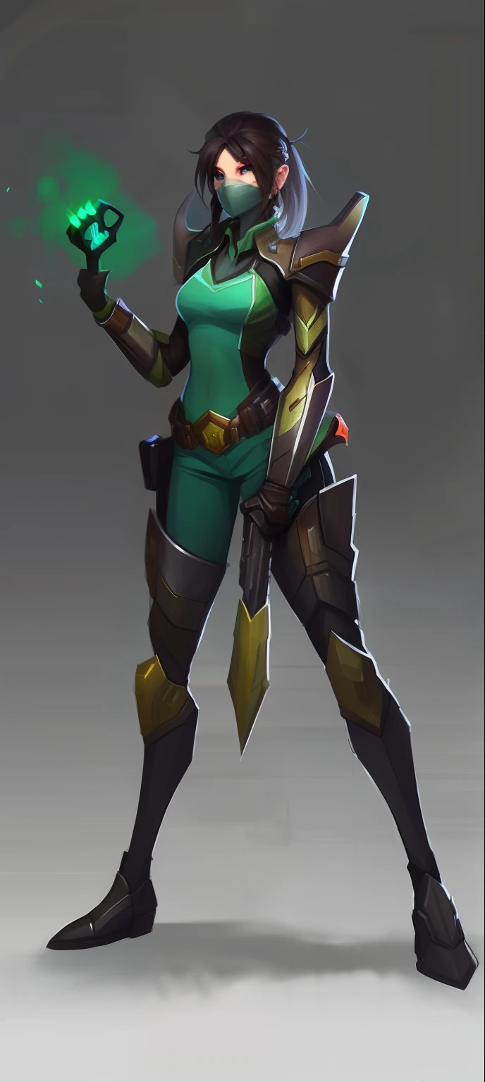 high qulity，Delicate and detailed female viper concept art，Clean style，Brave characters，Green clothes，Hold the green object，Valorante skin，She is an important character in the Valorante game，Show the strength and charm of women，Echoes of Valorante，Full detail of the whole body，Valolante style，eye-catching design，Riot game concept art，（realisticlying，realisticlying：1.4）