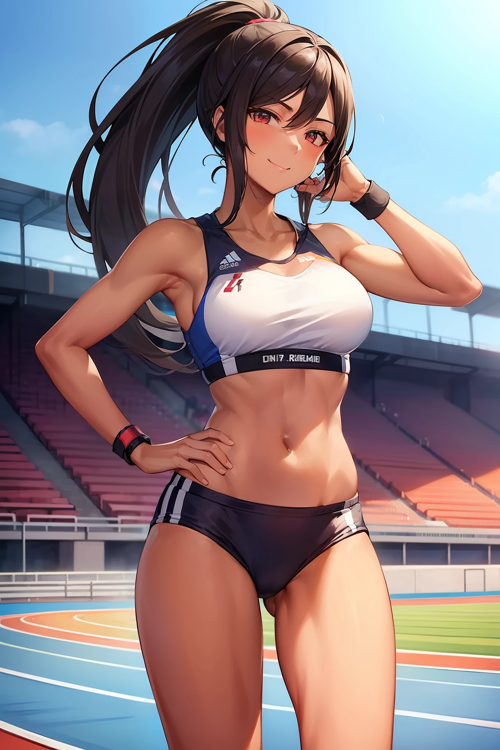 woman.(track and field). (world athletics).(long jump:1.2).(spectator seats).(packed auditorium).(separate track and field uniform).competition.(in the background 4+woman:1.5).(bikini).forehead.bright smile.ponytail.(wearing track and field suit).tank top.(running:1.2)