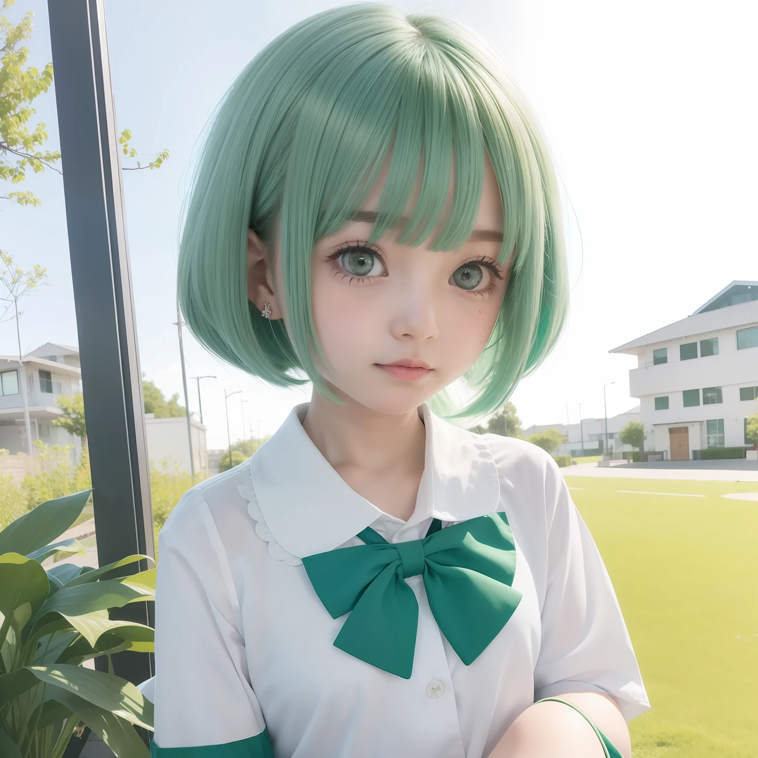 Short green-blue hair and flush bangs，Light green with white school uniform soft girl，It's a cute little loli