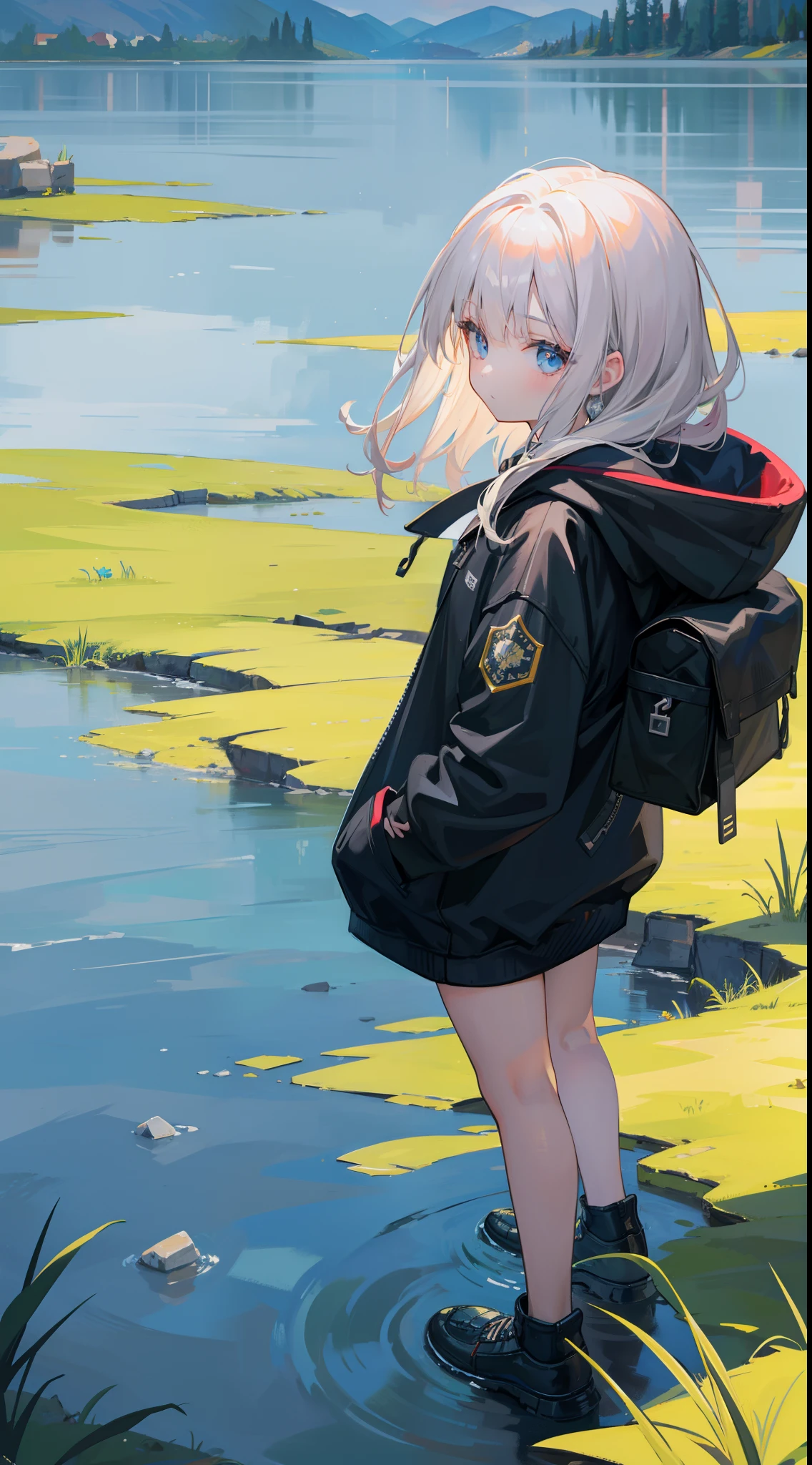 MKSKS style, (Very detailed background:1.0), (highly detailed back ground:1.0), 1girll, full_Body, Looking_at_peeping at the viewer, Hoodie, partly_unzipped, Masterpiece, Best quality, (1girll, Solo, Girl:1.2), Lake, Grass, walking on the water, Jumps, Stone ruins, color difference, Depth of field, Soft lighting
