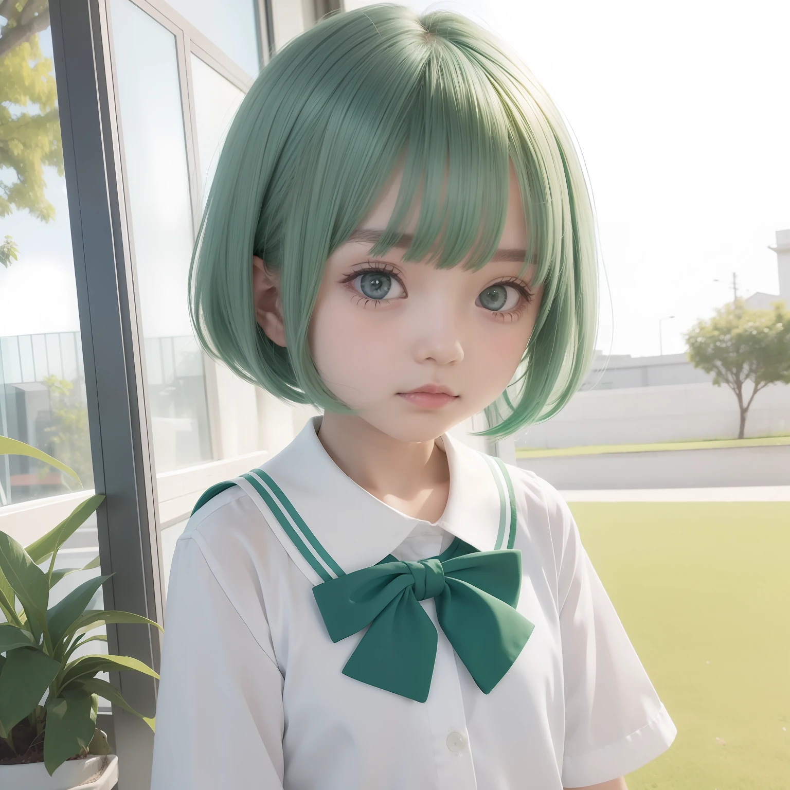 Short green-blue hair and flush bangs，Light green with white school uniform soft girl，It's a cute little loli
