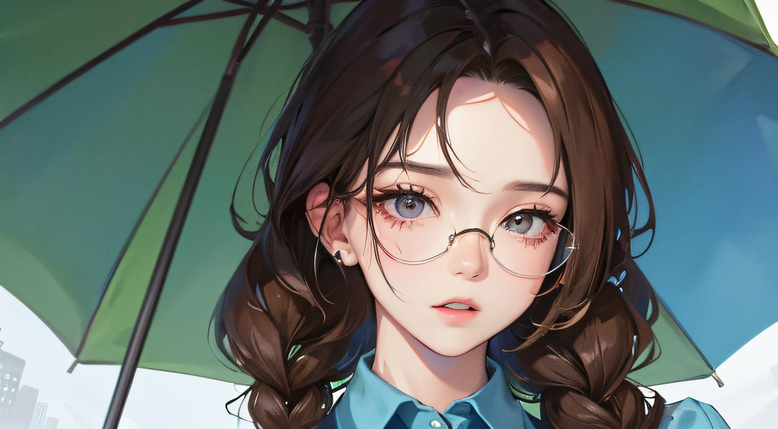(((1人の女性)))、(Top resolution、Distinct_image) best qualtiy、masterpiece、ighly detailed、Semi-realistic、Brown hair、eye glass、Braided hairstyle、deadpan、bangss、21 years old、Rainy landscape、Mature、年轻、holding a umbrella、Blue shirt、delicated facial features、Facial features、mid-shot、