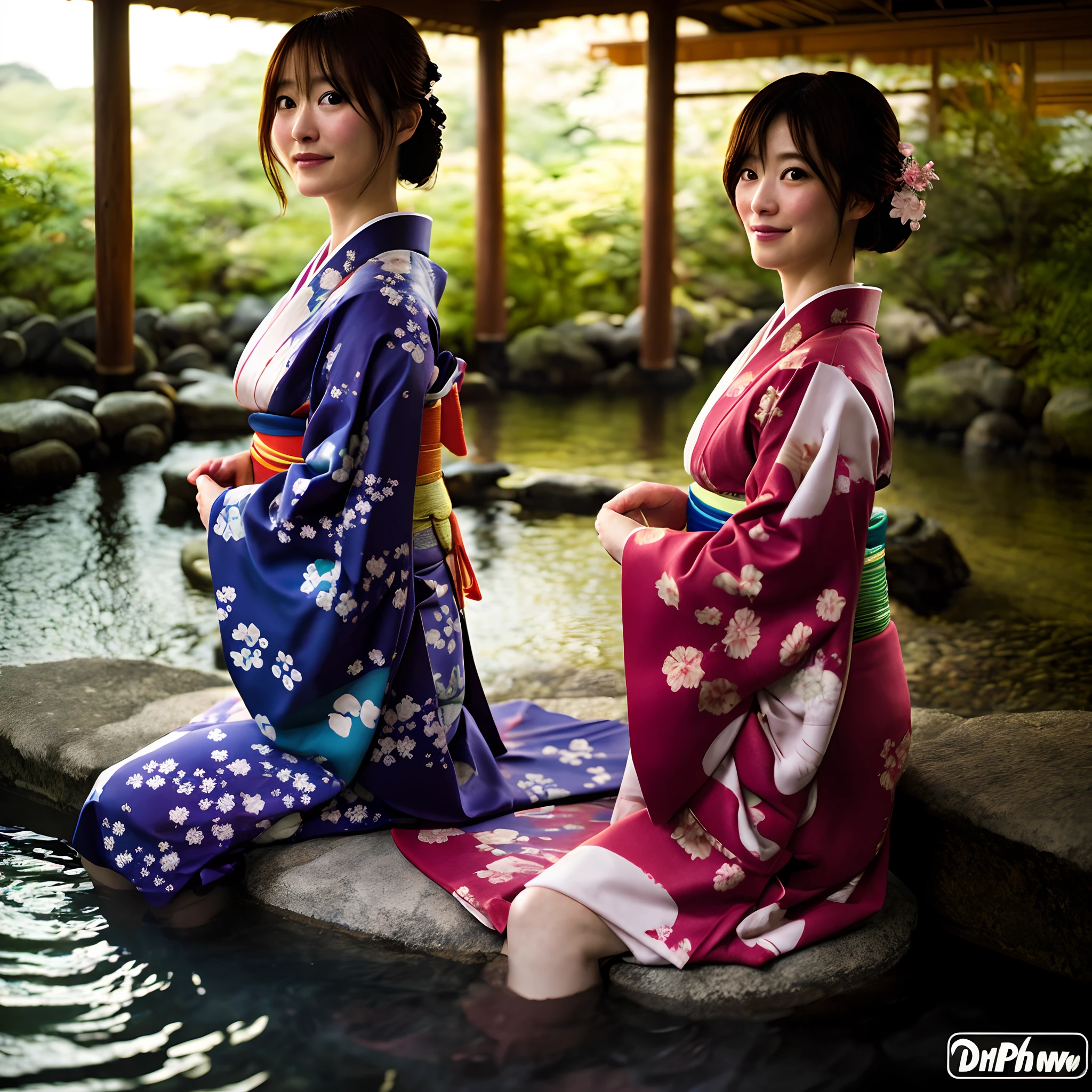 A beautifull young Naked Japaneese girl, short hair, red lipstick, smiling, standing up, front view, lush greenery, cherry blossoms, and pond in the background, photorealistic