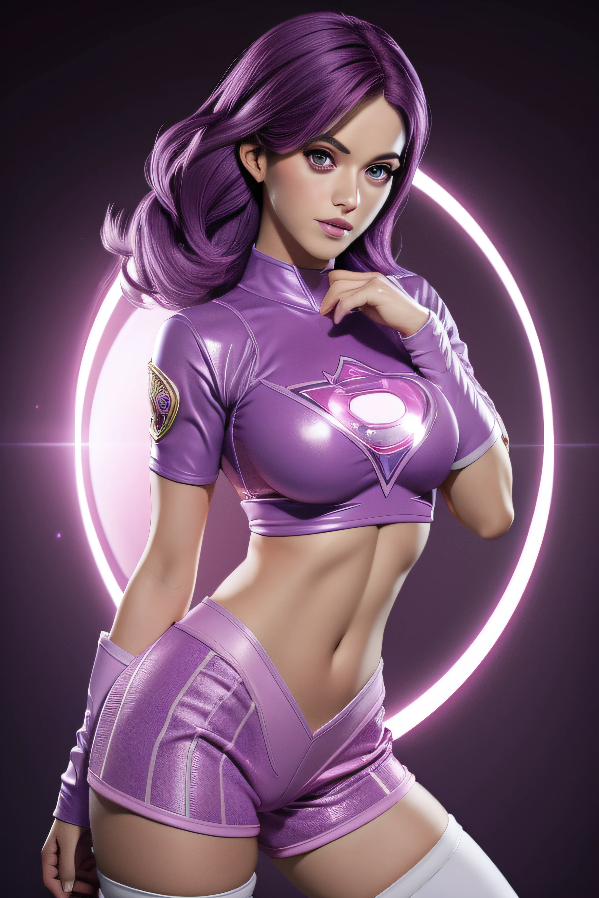 Katy perry as a sexy beautiful female superhero. purple hair blur eyes wears a tight form fitting outfit that is pink-purple with a white outer layer with a balck and white sun symbol , sleveless, has a midriff with a ring on the center of her abdomen. wears pink-purple shorts with a white outer layer, long black stockings, pink-purple long knee boot portrait photography by artgerm, in the style of realism, glistening skin, cartooncore, mangacore, natural lighting, Defined full lips. Muscular fitness feminine body