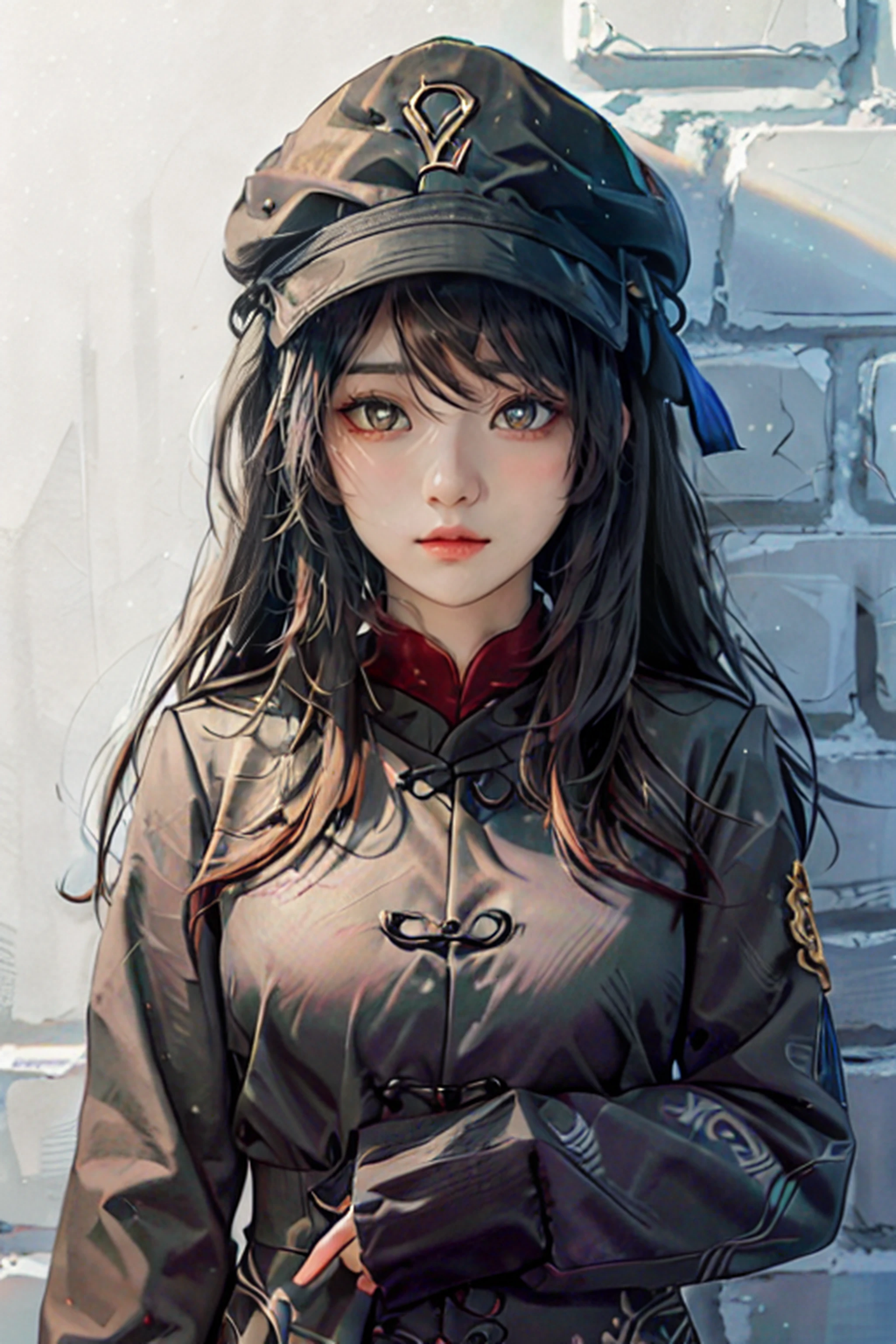 best quality, upper body,intricate details, chromatic aberration,1girl,bangs,black hair,ganyu,hu tao hat,hair between eyes,hu tao uniform,(looking at viewer:1.2),orange eyes,black uniform,cosplay,hu tao \(genshin impact\),thick body, medium breast,hu tao, hat flower,symbolic pupils,sharp eyes,against wall, brick wall, graffiti, dim lighting, front view, alley