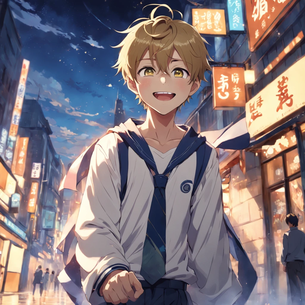 ''a cute beautiful teenager boy laughing in a cute smile, ((full body portrait)), romance style anime, deep golden eye, college uniform" 4K, high resolution image, fantasy style, park area