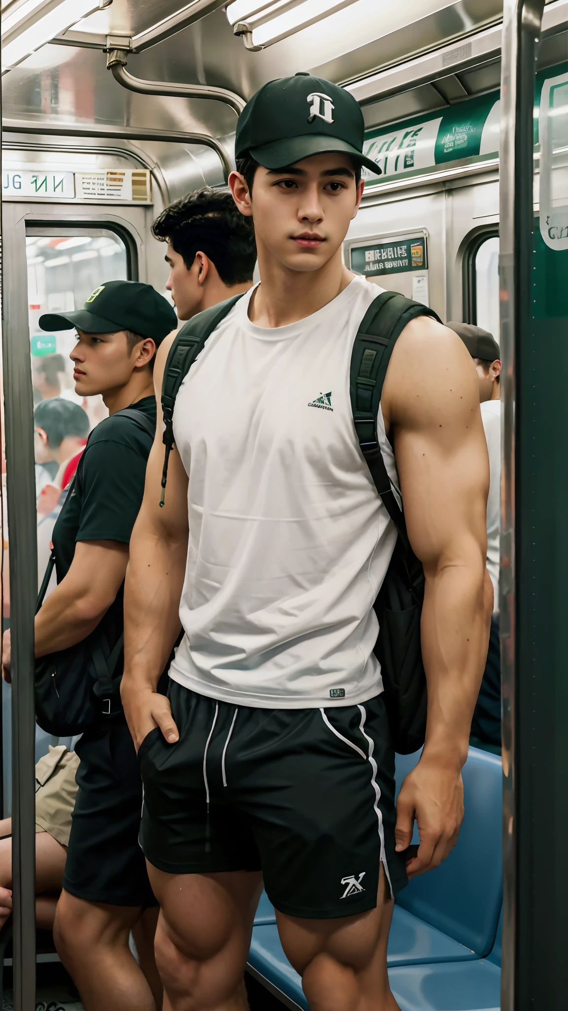 2guys，Two 20-year-old men in the subway，In the subway car，Ultra-flat head，Brown baseball cap，White skinny sleeveless T-shirt，Green sports shorts，leg apart，musculous，Handsome，Looking at the phone，Sport backpack，white short socks，White sneakers，exhilarated，Be red in the face，full bodyesbian，Exposing thighs，Expose calves，Thick leg hair，In crowded subway cars，gentlesoftlighting，tmasterpiece，best qualtiy，8K  UHD，digital SLR camera，filmgrain，Fujifilm XT3 Realistic painting art，Written by Midjourney and Greg Rutkowski