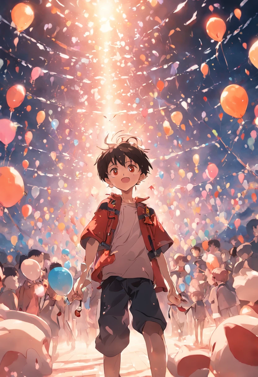 A boy, zoo, many balloons, happy, happy, perfect quality, clear focus (clutter - home: 0.8), (masterpiece: 1.2) (realistic: 1.2) (bokeh) (best quality) (detailed skin: 1.3) (complex details) (8K) (detail eyes) (sharp focus), (happy) full body, two , clean background, long view composition, 85MM SHOT