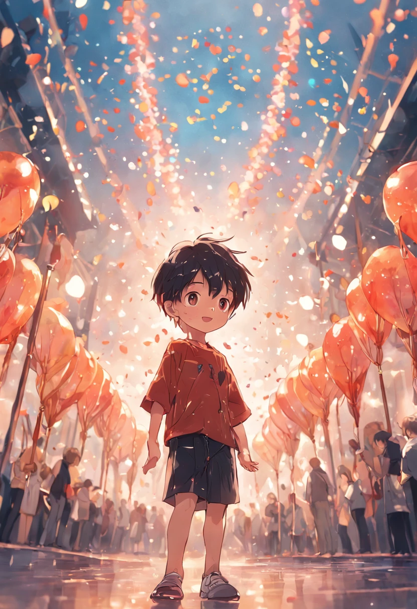 A boy, zoo, many balloons, happy, happy, perfect quality, clear focus (clutter - home: 0.8), (masterpiece: 1.2) (realistic: 1.2) (bokeh) (best quality) (detailed skin: 1.3) (complex details) (8K) (detail eyes) (sharp focus), (happy) full body, two children, clean background, long view composition, 85MM SHOT