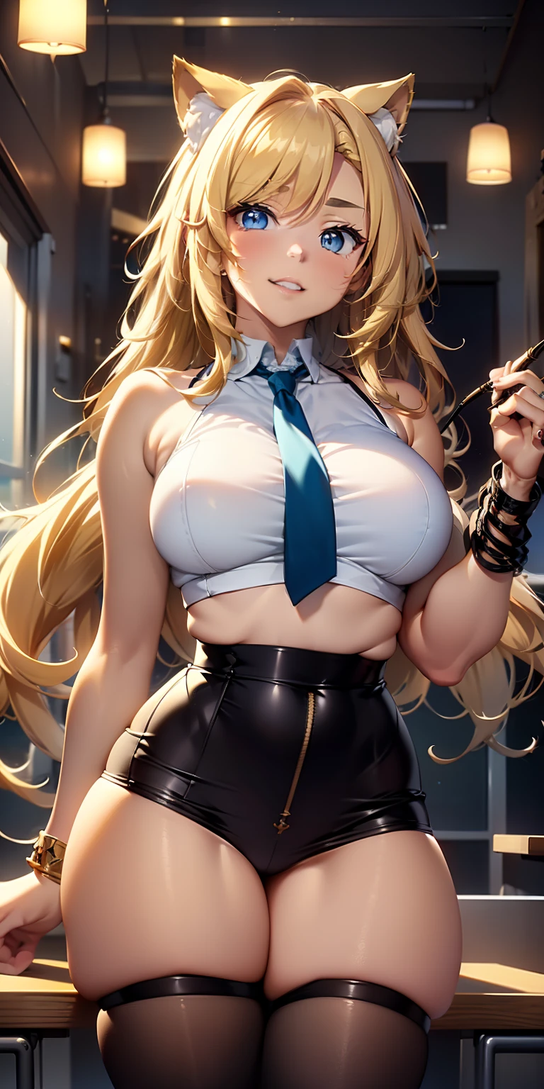 ((Masterpiece)), ((Best quality)), ((anime profile style)), ((high definition 4k)), ((Female character)), ((High school girl)), ((Beautiful body)) , Girl, Female face, cheerfulness, ((Fluffy)), Smiling, mouth with braces, teeth showing, Lips, ((brown tanned skin)), brunette, ((Light blue eyes)), eyelid, collofull eyes, sclera, Iris, eyebrow, eyeslashes, Ear, nase, ((Hair)), ((Long blonde hair)), ((light effect on hair)), uniform, tie, Skirt, Tights, ((light effect on clothing)) , ((body lights effect)), Neck, bshoulders, (Thin waist), ((perfect abdomen)), Arms, ((Thick legs)), ((upper legs)), Background, ((in a school)), details in the environment, surrounding objects, ((lighting)), Viewer view