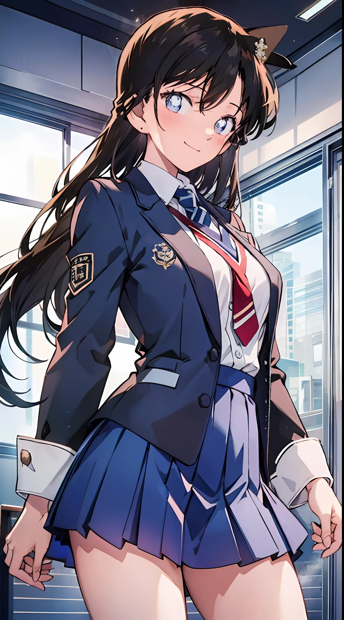 top-quality,Masterpiece,​masterpiece,8k,high-level image quality,High pixel count,1人の女性,1girl,独奏,without background,White background,Maori land,a smile,Dark blue eyes,A dark-haired,Long,straight haired,Dark blue jacket,Closed jacket,Dark blue skirt,(School Uniforms,student clothes),,full bodyesbian,is standing,facing front,cowboy  shot,