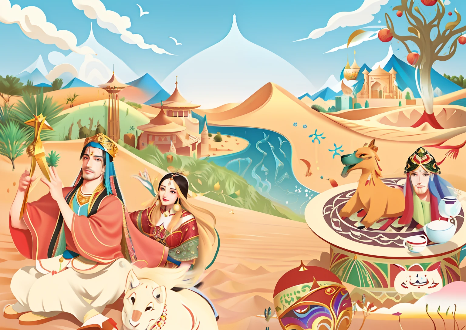 Cartoon illustration of woman and man in desert landscape, film Silk Road landscape, A beautiful artwork illustration, persian folklore illustration, Oriental art style, Beautiful rendering of the Tang Dynasty, persian folktale art style, harmony of desert, A colorful festival, painting of samarkand, vibrant tourism poster, fairy tale style background, Colorful illustration