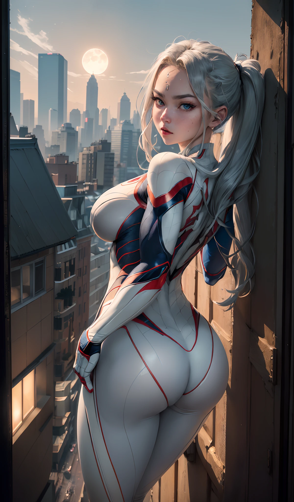 (​masterpiece、4K resolution、A hyper-realistic、ighly detailed、posterior view、Anatomically correct hand)、(White Superhero Theme、Charisma、There's a girl in a Spider-Man costume over town、She's a superhero)、 [((25-years old)、(Long grey hair:1.2)、full body Esbian、(blue eyess:1.2)、((Sandy urban environment):0.8)|(A city scape、natta、Dinamic Light)、(fullmoon)]#illustrate:Prompts are mainly ultra high definition、very real、Describes highly detailed 4K paintings。A superheroine in a Spider-Man costume is depicted at the top of the city。The photo theme is a white superhero theme。