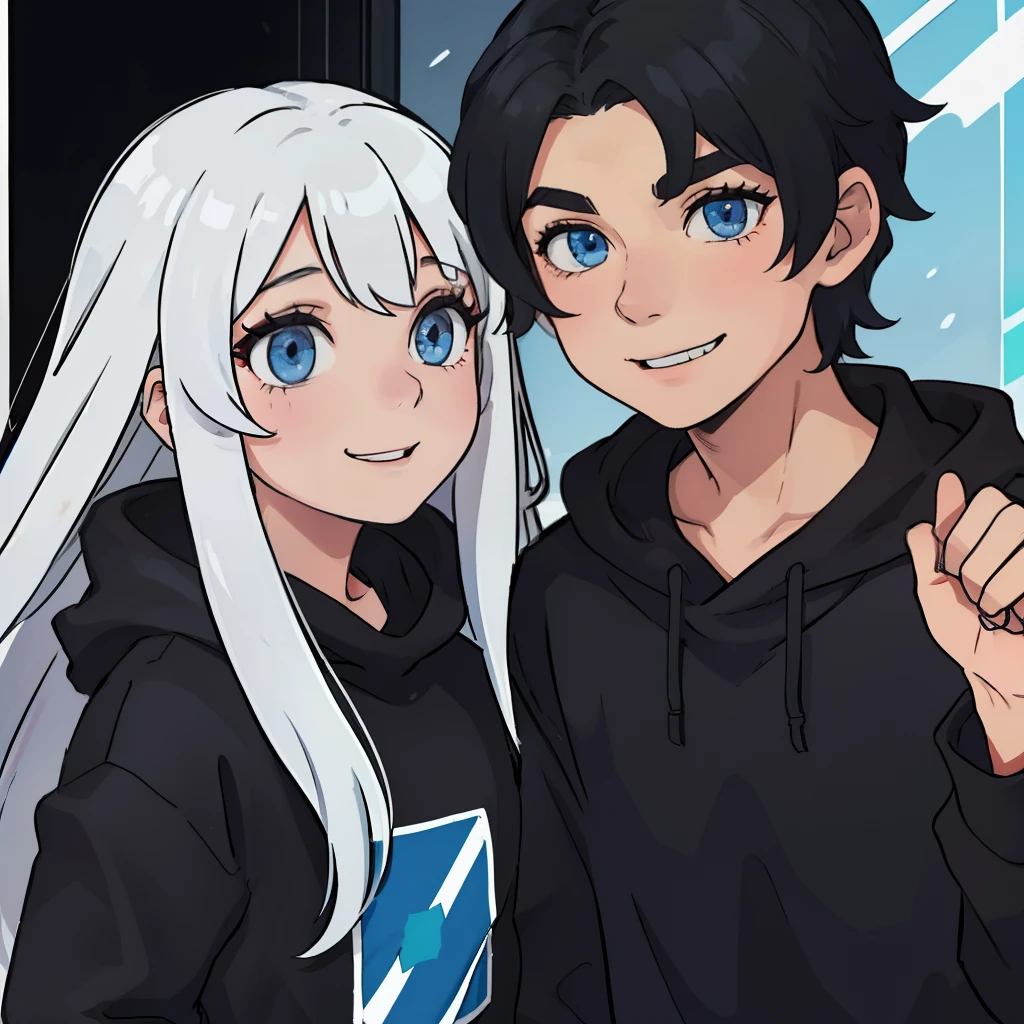 A girl with long white hair and blue eyes chased a boy with black hair in a black sweatshirt, and smiled happily