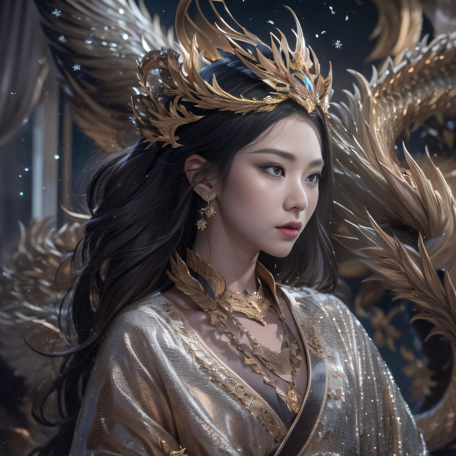 32K（tmasterpiece，k hd，hyper HD，32K）Long flowing black hair，Jewelry quarter in the back room，Brunette king girl ，Silver Dragon Protector （realisticlying：1.4），Python pattern robe，Purple-pink tiara，Snowflakes fluttering，The background is pure，Hold your head high，Be proud，The nostrils look at people， A high resolution， the detail， RAW photogr， Sharp Re， Nikon D850 Film Stock Photo by Jefferies Lee 4 Kodak Portra 400 Camera F1.6 shots, Rich colors, ultra-realistic vivid textures, Dramatic lighting, Unreal Engine Art Station Trend, cinestir 800，Hold your head high，Be proud，The nostrils look at people