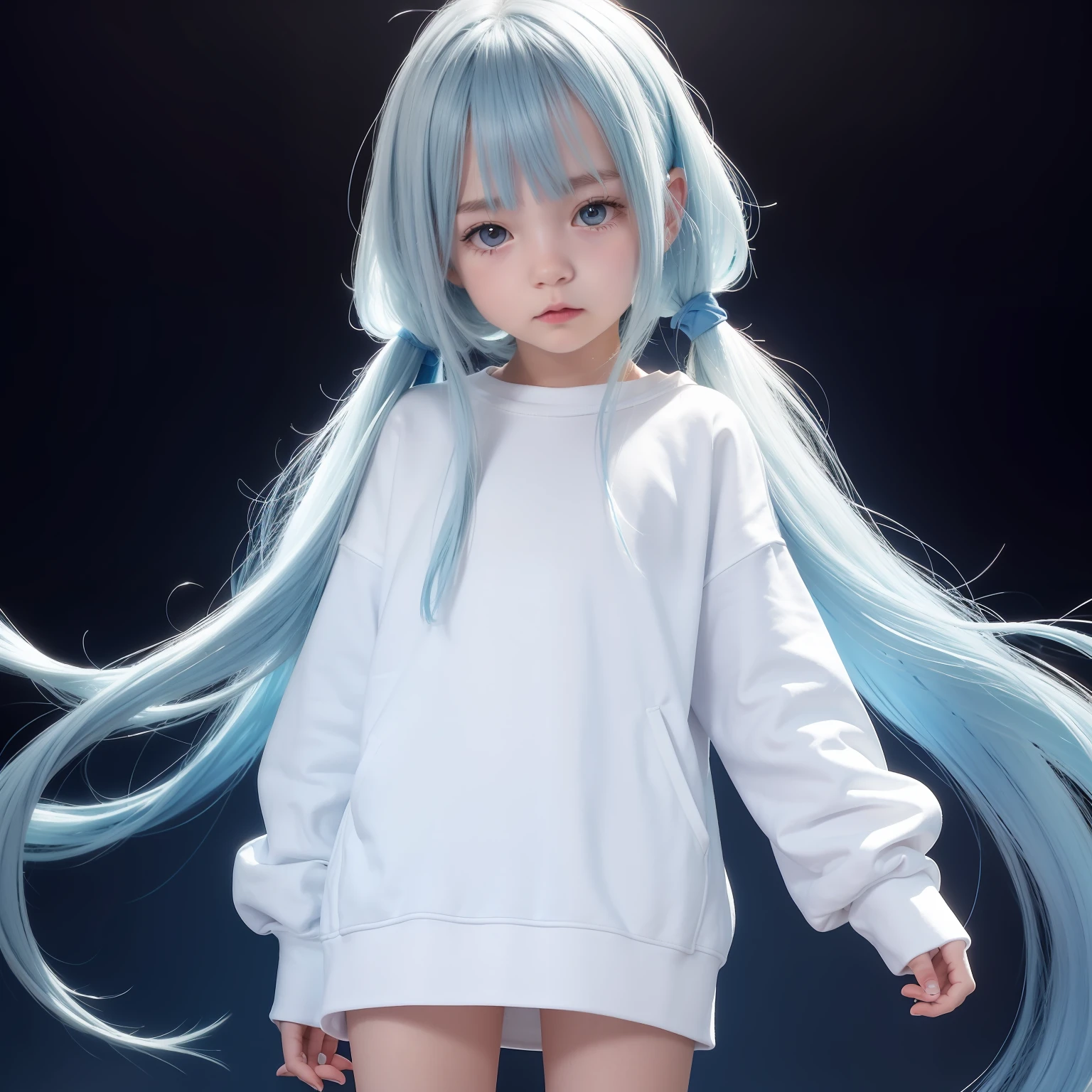 Long fleshy blue hair，Loose and simple white and blue cream sweatshirt，It looks small and cute，It's a little girl