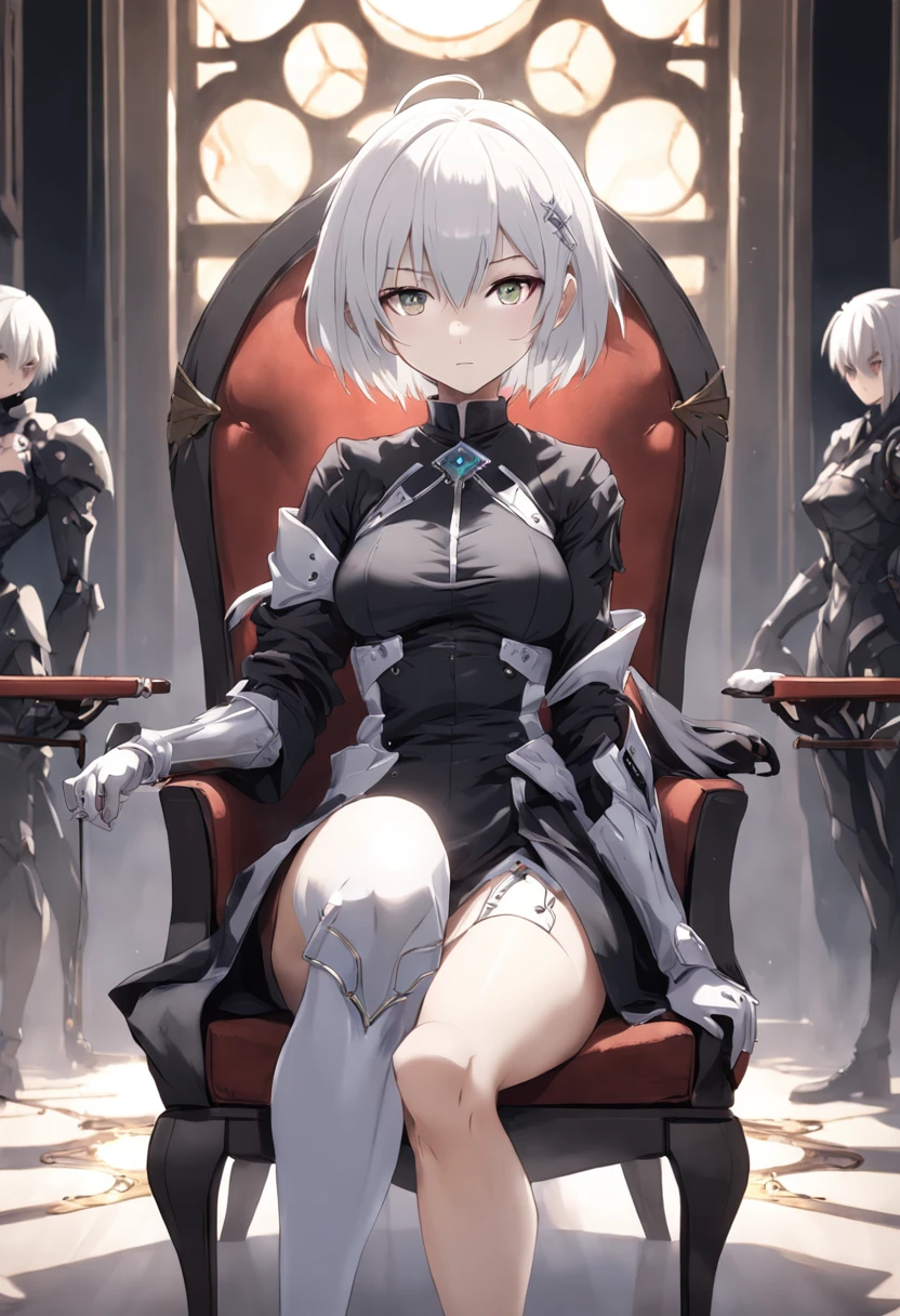 anime, a woman in a black dress sitting on a chair with a sword, rogue anime girl ayanami king, inspired by Li Chevalier, pin in anime, perfect white-haired girl, girl with short white hair, white hair, "beautiful anime woman, 2b nier automatons, white hair, cyborg - girl with silver hair, perfect android girl, CYBERPUNK STYLE