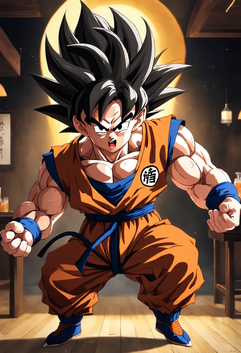Dragon Ball Goku，Great ape，full body portrait，of a real，Facial features are carefully depicted，Realistic skin texture，Dark style，depth of fields，high light，Real light，Ray traching，oc rendered，Hyper-realistic，best qualtiy，8K，Works of masters，super-fine，Detailed pubic hair，Correct anatomy，sharp focus on eyes，Bokeh，Facial features are carefully depicted, in a restaurant kitchen, looking for an empty plate. Goku Disfrutando de Fideos Chinos en un Restaurante" Description: En un restaurante acogedor con toques orientales, Goku, el famoso guerrero saiyajin, se encuentra en la cocina, rodeado de aromas deliciosos. Dressed in his iconic martial arts uniform, Goku is sitting on a high stool in front of a kitchen counter.. A cup of steaming Chinese noodles rests in front of him, mientras sostiene los palillos con destreza. With a smile of anticipation, Goku se dispone a saborear los fideos con entusiasmo. His fellow Z warriors meet at a nearby table, Observing with amusement his encounter with terrestrial cuisine. Behind him, los chefs del restaurante, ataviados con sus uniformes tradicionales, They watch with admiration the legendary fighter as he enjoys the meal. The atmosphere is full of warmth and camaraderie, despite the epic adventures that Goku and his friends regularly face. Soft lighting enhances the scene, making the colors of the ingredients and the decoration of the restaurant shine with a cozy luminosity. La imagen captura un momento inusual y relajado en la vida de Goku, showing his most human side while enjoying an earthy meal in the midst of his amazing exploits.