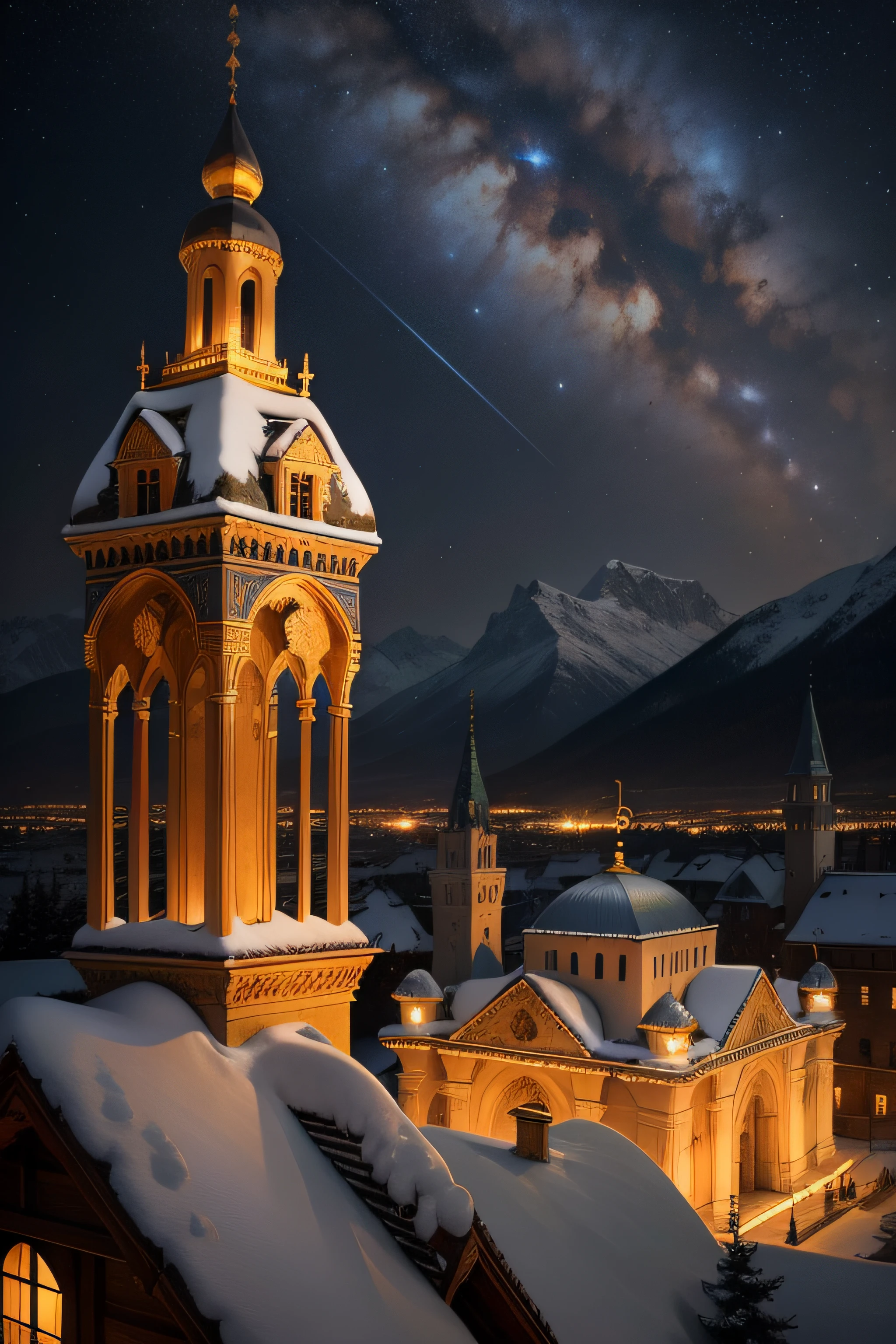 Antique architecture,Babel,Mountains,the night,stars,Castle,Golden Palace,Islamic culture,Greek classical culture,Interstellar culture,Paradise Crystal Palace,Pilgrim,The dim lights on the inhabited mountains are dim,Wagas,the street lights,Pilgrim,rituals,Big Dipper,Wall pattern,goldtrim,Iris flower decoration,meteors,muhammad,nevando,Winters,snow mountains,snow landscape,pines,squirrels,castle wall,Arrow Tower,Thieves in the snowy mountains,Ranger,Mountain thief,Marble city walls,Footprints of treading snow,Hooters,black cats.