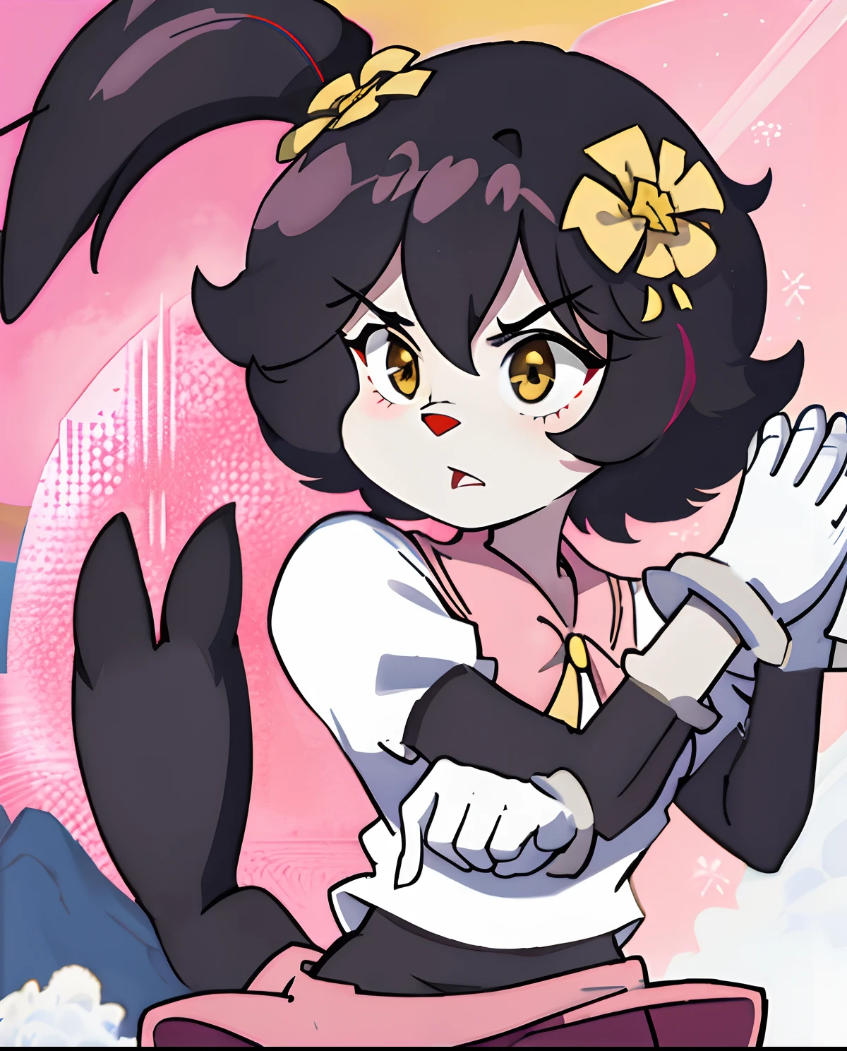 Dot Warner, 1girl, black sweater, pink skirt, furry, red nose, long ears, short hair, black hair, yellow flower, hair ornament, bangs, white gloves, body fur, long tail, black eyes, white feet, black and white fur, perfect anatomy, no shirt