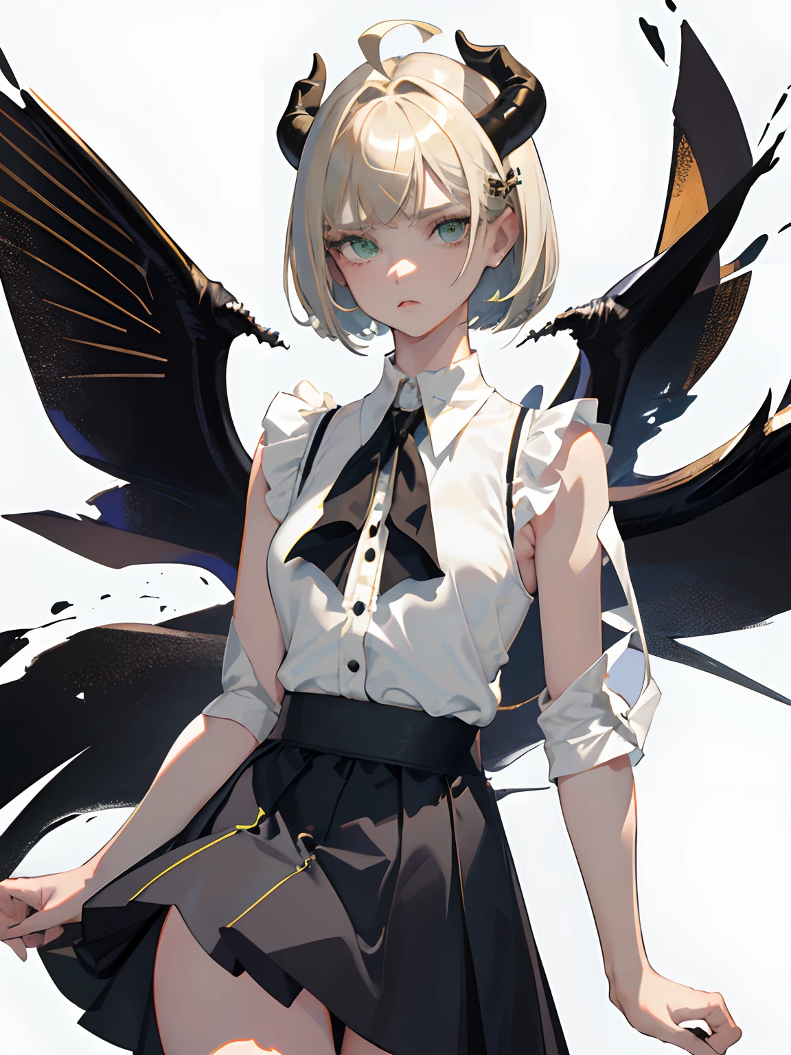 ((masterpiece, best quality)), (1girl), (solo), (female focus), (ahoge, ash blonde hair, short hair), green eyes, ((white shirt), (buttoned shirt)), ((black skirt), (short skirt)), standing, white background, arms behind back, bat wings on the waist, sheep horns, (sad eyes), cold facial expression