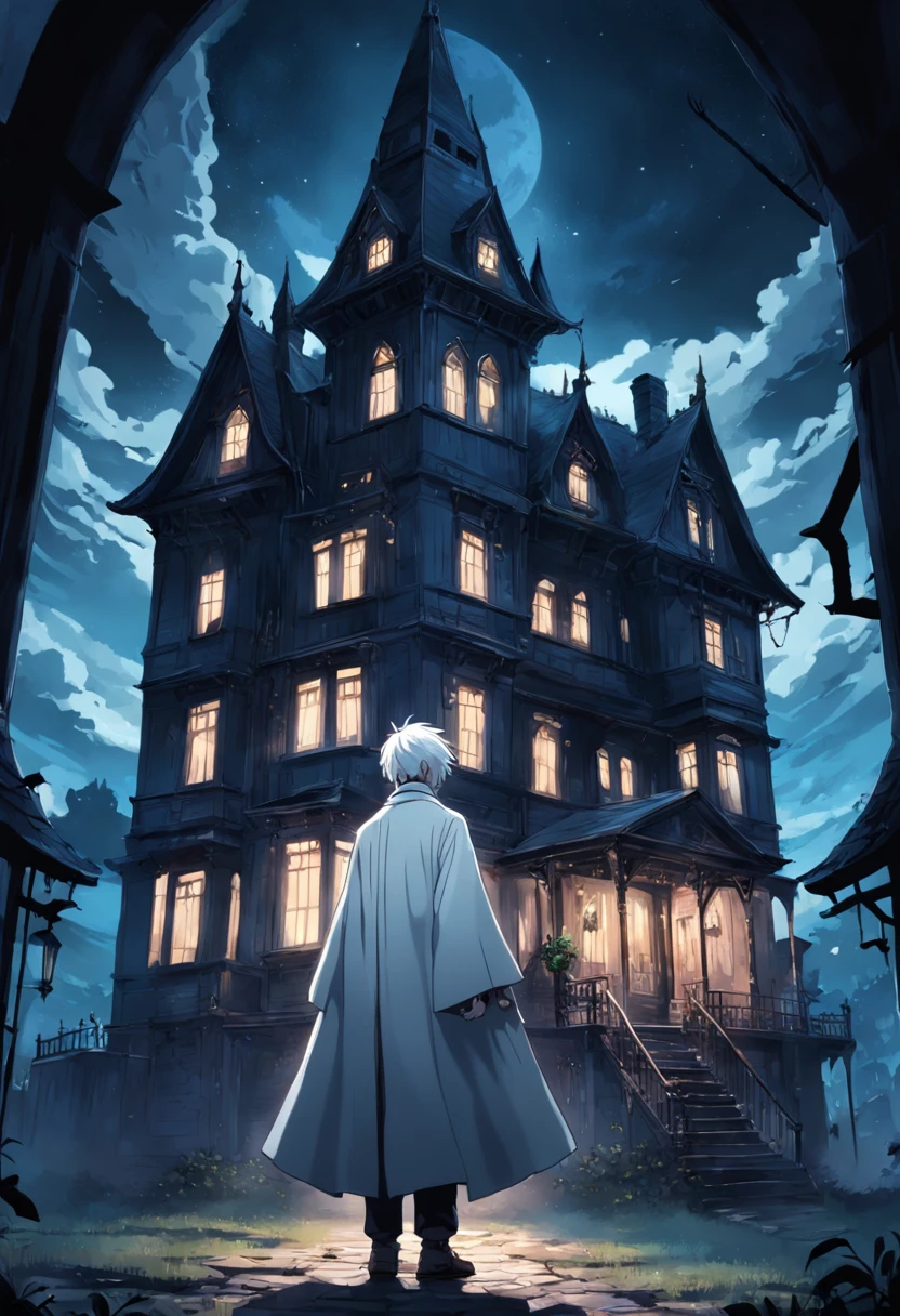darkly, The old Victorian house stands alone in the moonlight,The color is bright,dark night background,Men around 12 years old,White color hair,Light blue eyes,long white robe,Castle at the back,Harry Potter style wizard,Tender,apathy,orthofacial