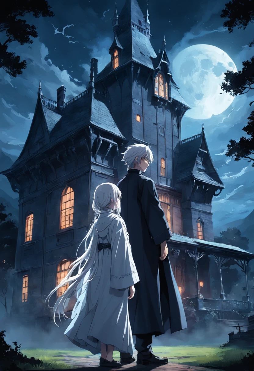darkly, The old Victorian house stands alone in the moonlight,The color is bright,dark night background,Men ,White color hair,Light blue eyes,long white robe,Castle at the back,Harry Potter style wizard,Tender,apathy,orthofacial
