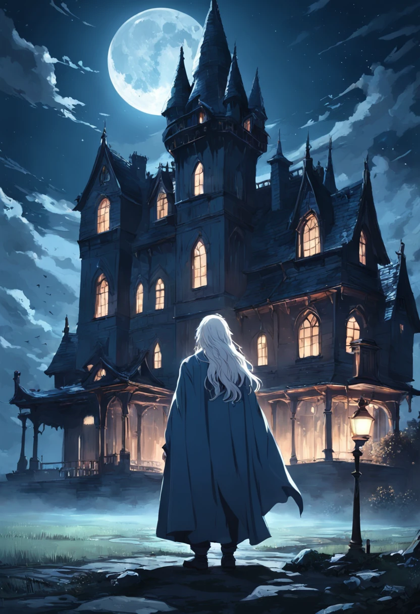 darkly, The old Victorian house stands alone in the moonlight,The color is bright，dark night background，Men ，White color hair，Light blue eyes，long white robe，Castle at the back，Harry Potter style wizard，Tender，apathy，orthofacial