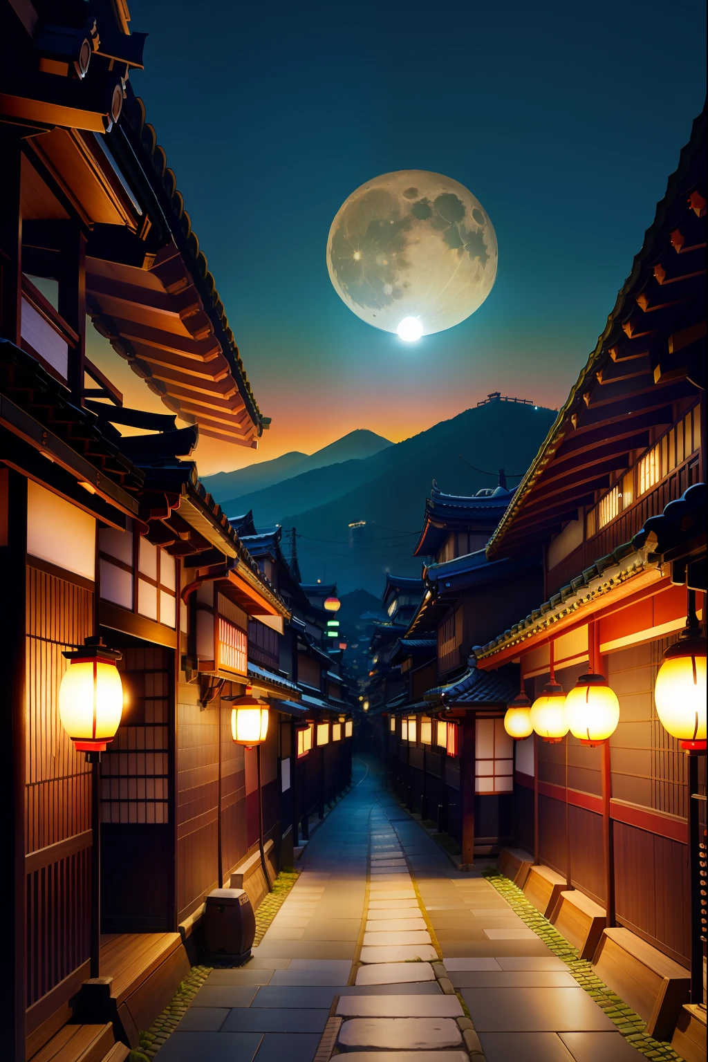 Alafed view of the street with lanterns and full moon, japanese city at night, Japan at night, kyoto inspired, japanese town, ancient japanese architecture, japanese street, japanese city, in a japanese town at night, japan deeper travel exploration, Traditional Korean Cities, street moon landscape, japanese village, japanese influences, japanese architecture, at night with full moon