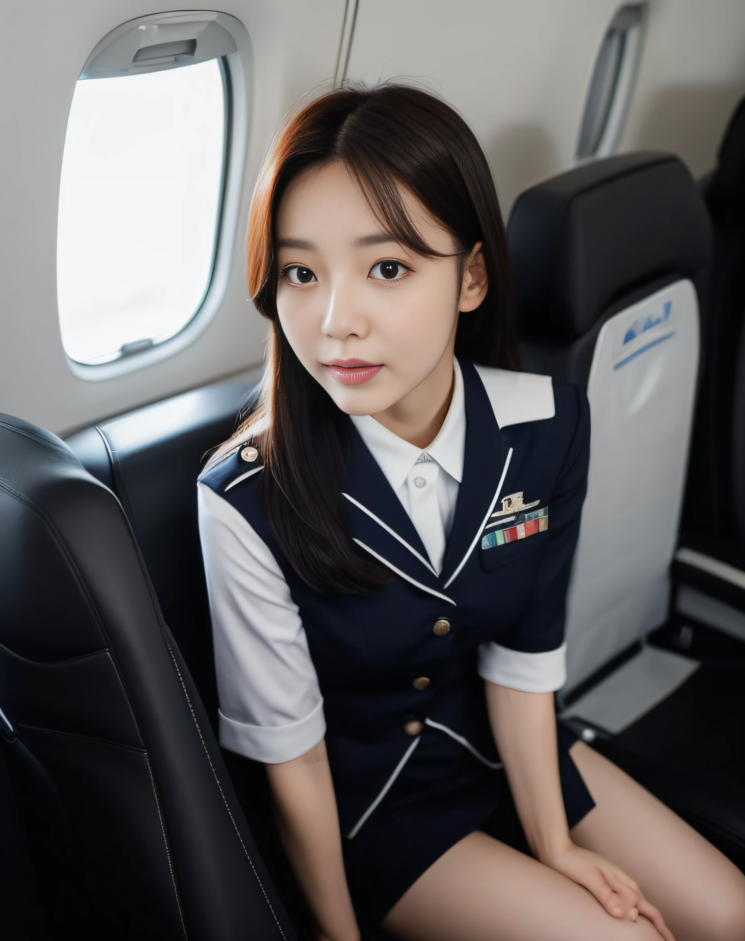 Take a photo of a South Korean woman in her 20s wearing a flight attendant's uniform, Sit in a cabin with seats on both sides. Photos should be taken in RAW format, Women should be well-lit. She is looking at the camera, Find the most flattering pose