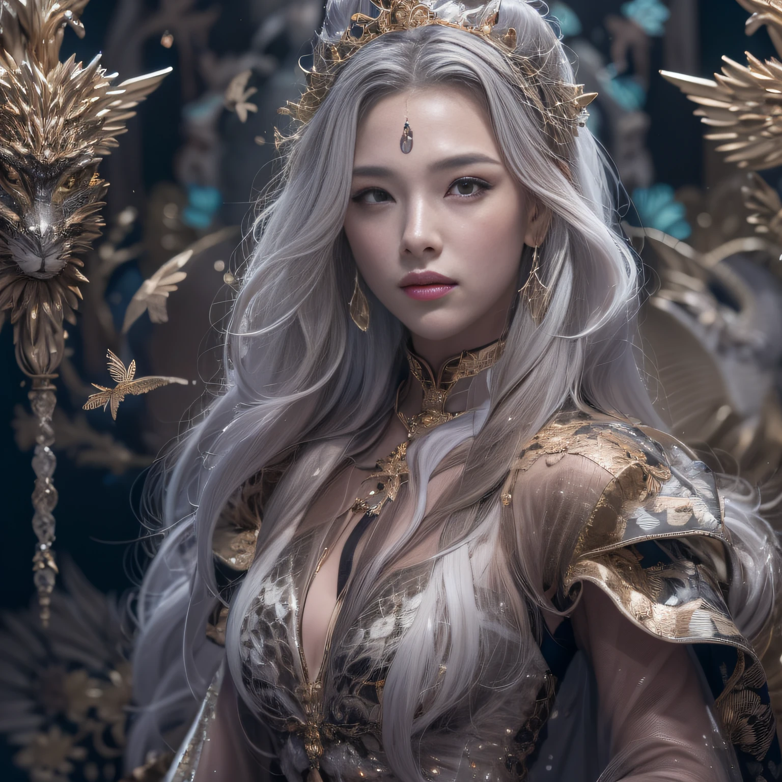 32k(tmasterpiece,k hd,hyper HD,32k)Long flowing black hair,Jewelry quarter in the back room,Brunette king girl ,Silver Dragon Protector (realisticlying:1.4),Python pattern robe,Purple-pink tiara,Snowflakes fluttering,The background is pure,Hold your head high,Be proud,The nostrils look at people, A high resolution, the detail, RAW photogr, Sharp Re, Nikon D850 Film Stock Photo by Jefferies Lee 4 Kodak Portra 400 Camera F1.6 shots, Rich colors, ultra-realistic vivid textures, Dramatic lighting, Unreal Engine Art Station Trend, cinestir 800,Hold your head high,Be proud,The nostrils look at people