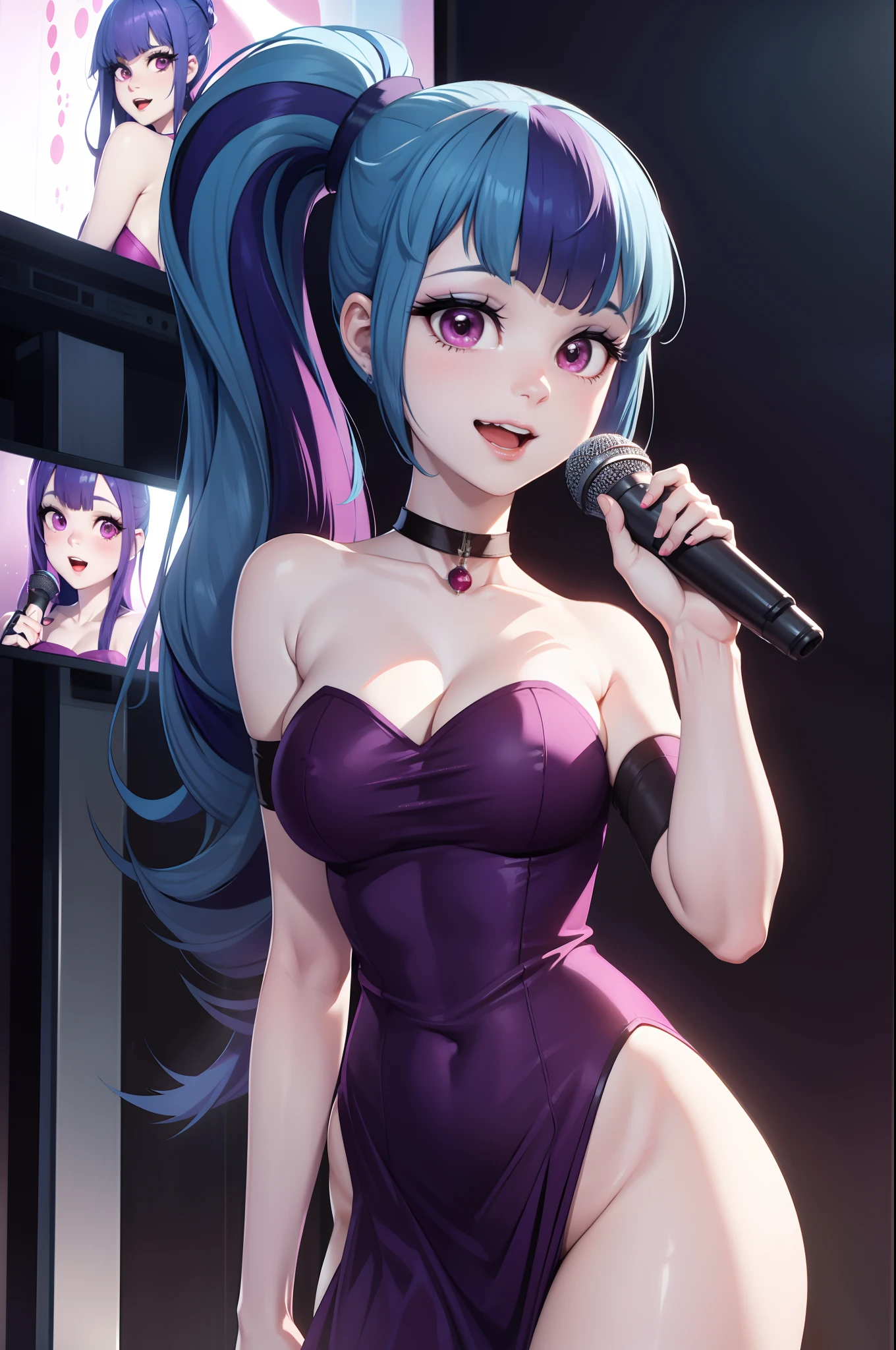 Twilight Sonata, The woman, Average Breasts, Adult, violet eyes, naked ass,  femenine body, Female genitals, in full height, Holds the microphone, Room, TV screen, sings karaoke, Dancing, A big smile, Blue hair, pony tail