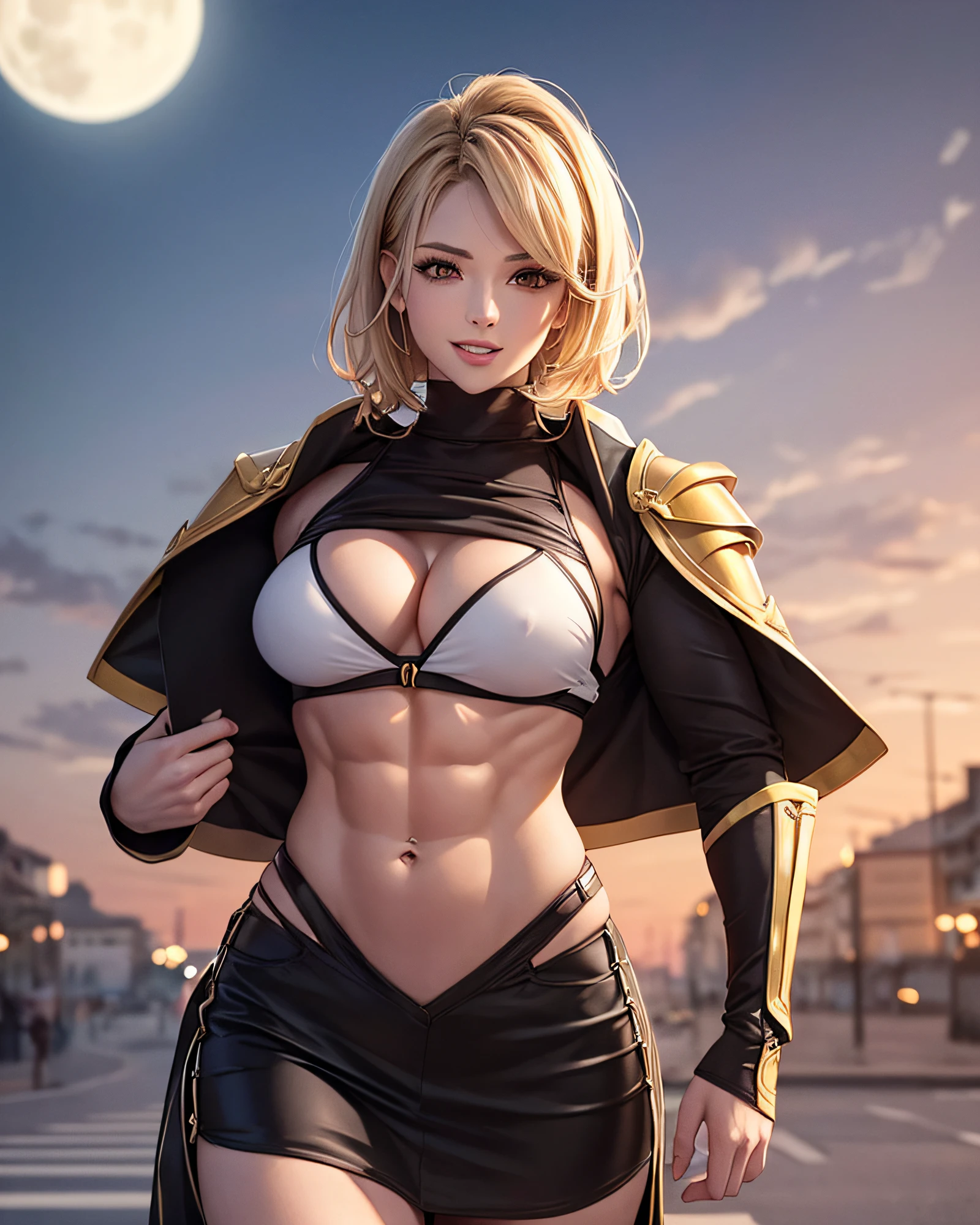 Royal Knight:1.3, (masterpiece, best quality:1.37), ultra-detailed:1.37, hyper-sharp:1.37, anime style, An illustration of a female royal knight bodybuilder, The female royal knight bodybuilder is 2m tall and has a muscular build. A female royal knight bodybuilder wears a golden royal knight armor, sunglasses, exposing her muscles. A female royal knight bodybuilder is standing in a night street under red full-moon, seductive evil smile, open mouth, blonde side-under cut hair, bodybuilder fashion, looking the viewer, view viewer,