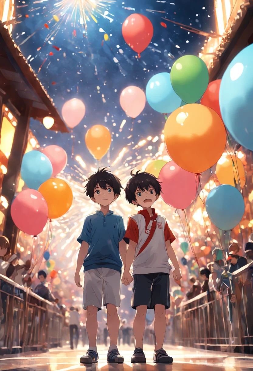 A boy, zoo, many balloons, happy, happy, perfect quality, clear focus (clutter - home: 0.8), (masterpiece: 1.2) (realistic: 1.2) (bokeh) (best quality) (detailed skin: 1.3) (complex details) (8K) (detail eyes) (sharp focus), (happy) full body, two children, clean background, long view composition, 85MM SHOT