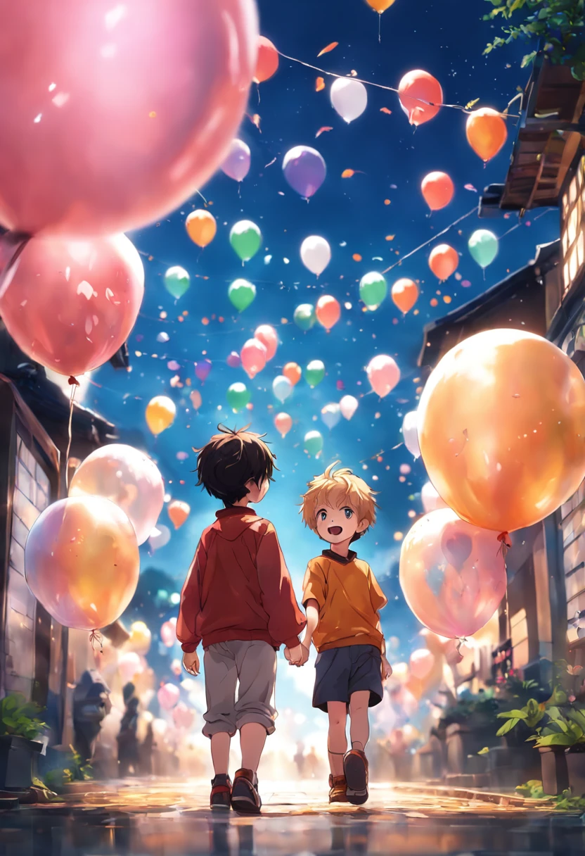 A boy, zoo, many balloons, happy, happy, perfect quality, clear focus (clutter - home: 0.8), (masterpiece: 1.2) (realistic: 1.2) (bokeh) (best quality) (detailed skin: 1.3) (complex details) (8K) (detail eyes) (sharp focus), (happy) full body, two children, clean background, long view composition, 85MM SHOT