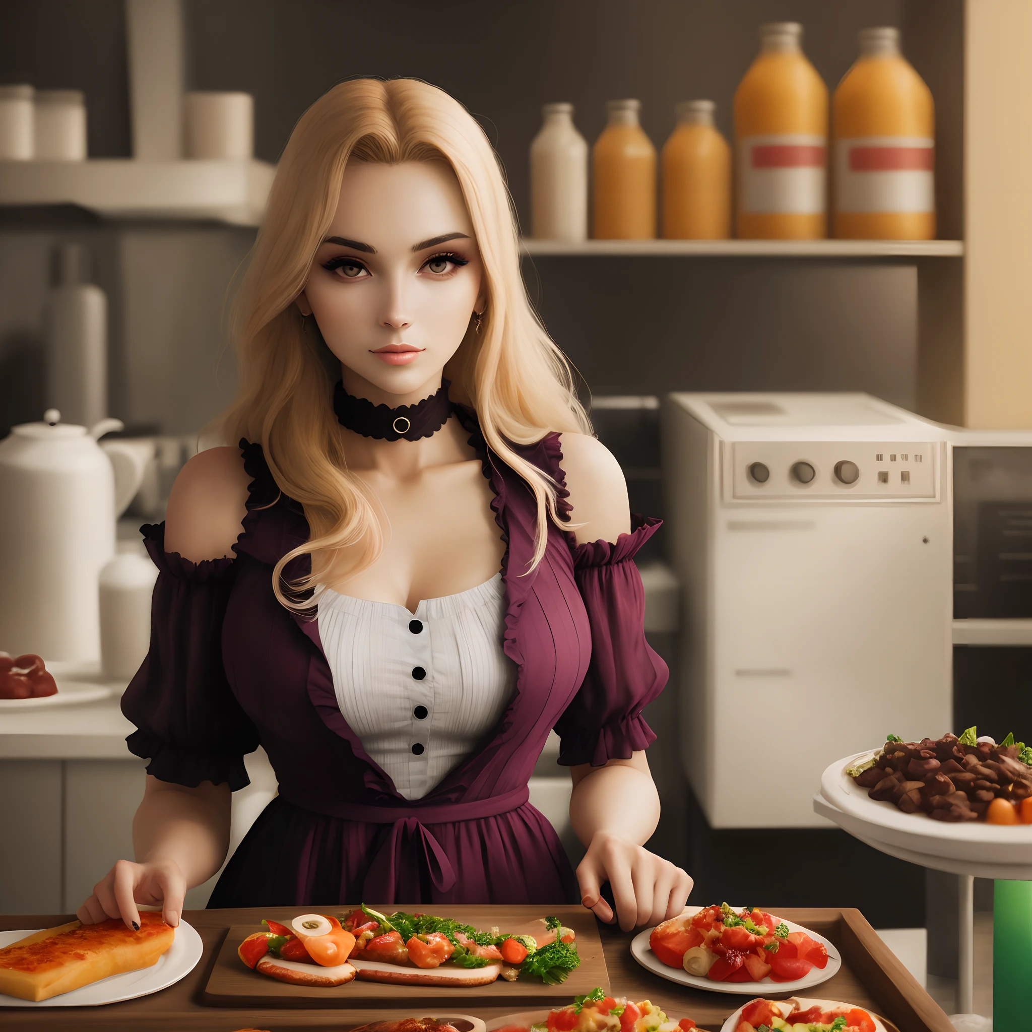 Anime illustration of 1girl, sitting at a restaurant, busy, wearing a leather jacket, 4k, wallpaper, cute scenery , busy