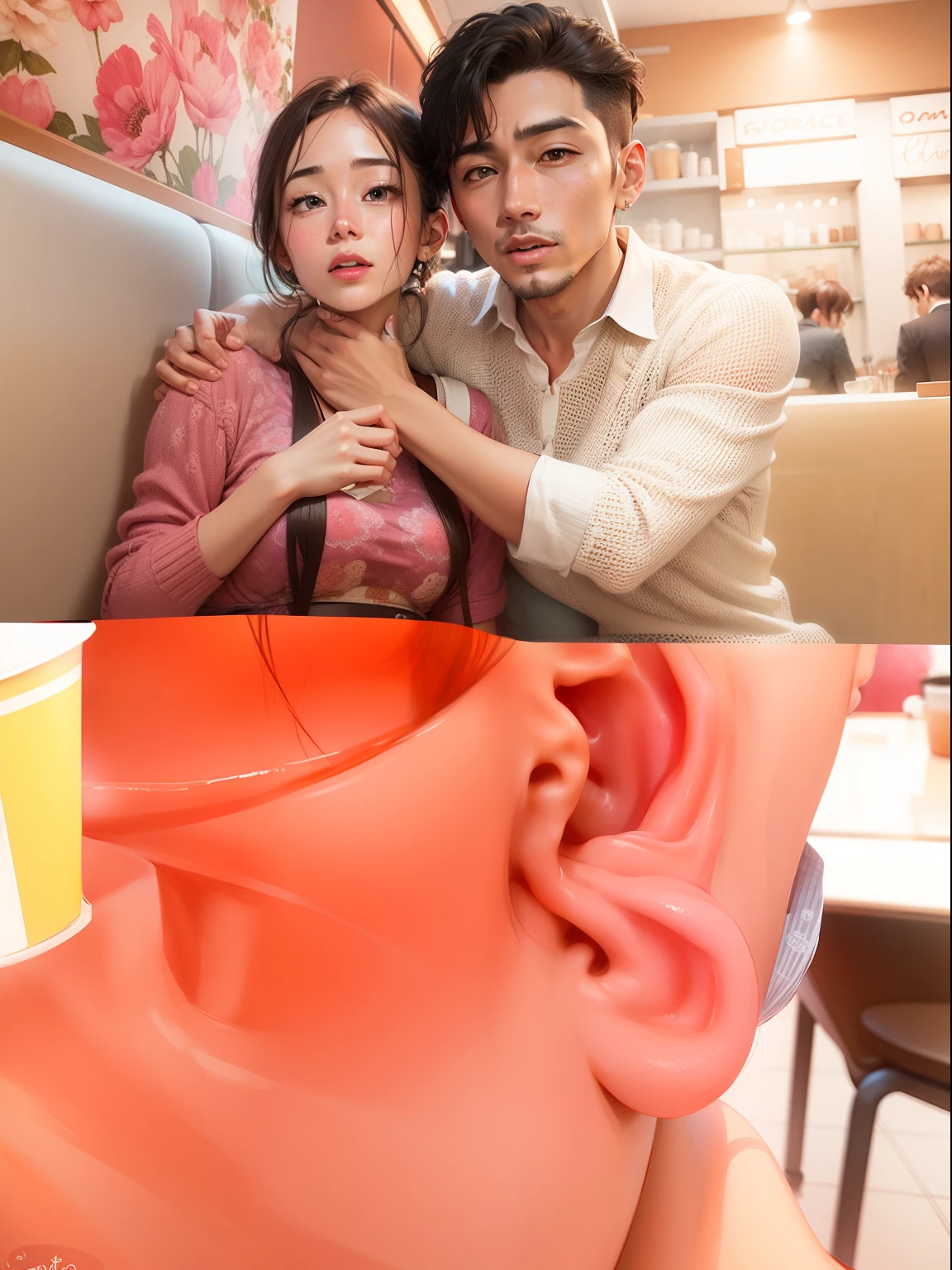 Realistic face and cafe background and neck couple
