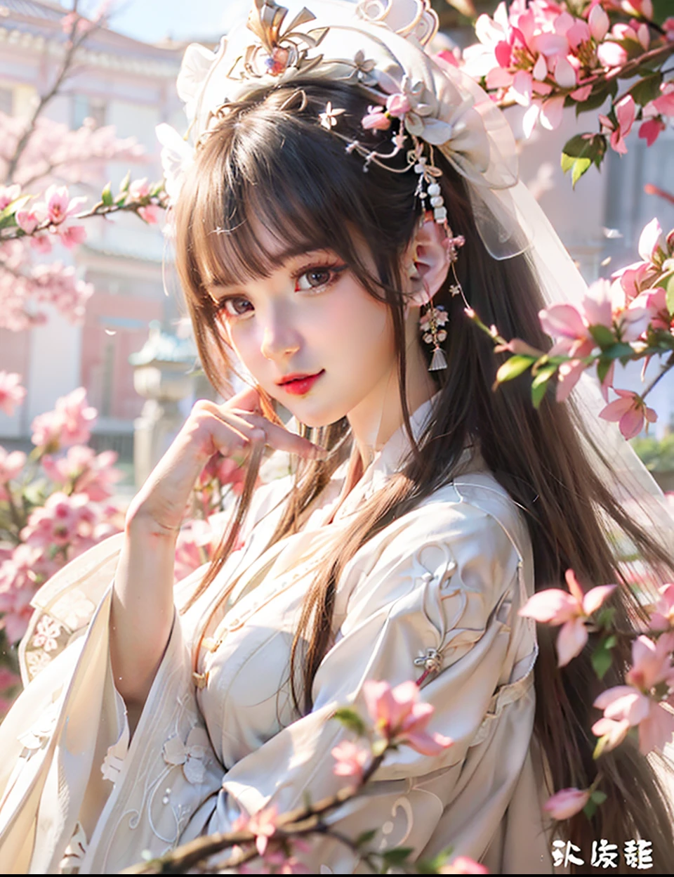 a close up of a woman in a white dress with flowers, Palace , A girl in Hanfu, White Hanfu, Guviz, Hanfu, Ethereal beauty, ((a beautiful fantasy empress)), a beautiful fantasy empress, Guviz-style artwork, Middle metaverse, Chinese style, by Yang J, By Li Song