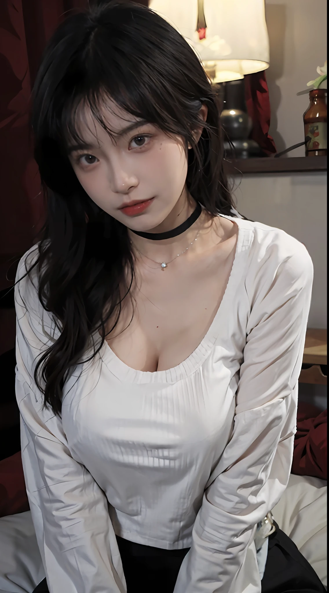 best qualtiy， 超高分辨率， （realisticlying：1.4），Baoyu Girl，1girll, with long coiled hair，Looking into the distance，gigantic cleavage breasts，Cropped red sweater，a sense of atmosphere，Beautiful woman with a slim figure:1.4, Abs:1.4,,Ultra-fine face，Elaborate Eyes，二重まぶた，choker necklace