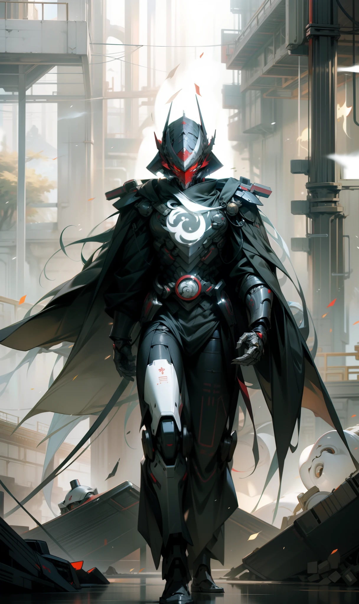Red mask，The helmet of an ancient Chinese general，male people，Strong males，Huge shoulder armor，Tall mech，Silver-white body，The white，Use the plasma sword，There is a dragon particle effect，Yin and Yang gossip，Formation，mechanical sense，sense of strength，Sense of space，combats，cyber punk perssonage，Human body modification，Structurally sound，Battle instant，high-quality face，4K，High quality，Masterpieces